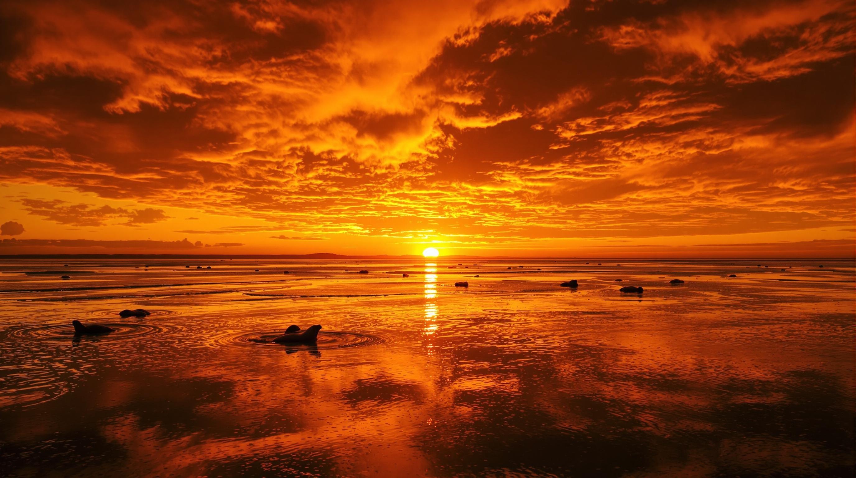 Coucher de soleil flamboyant sur Saint-Valery avec silhouettes phoques au loin ; légende sur reflets orangés.