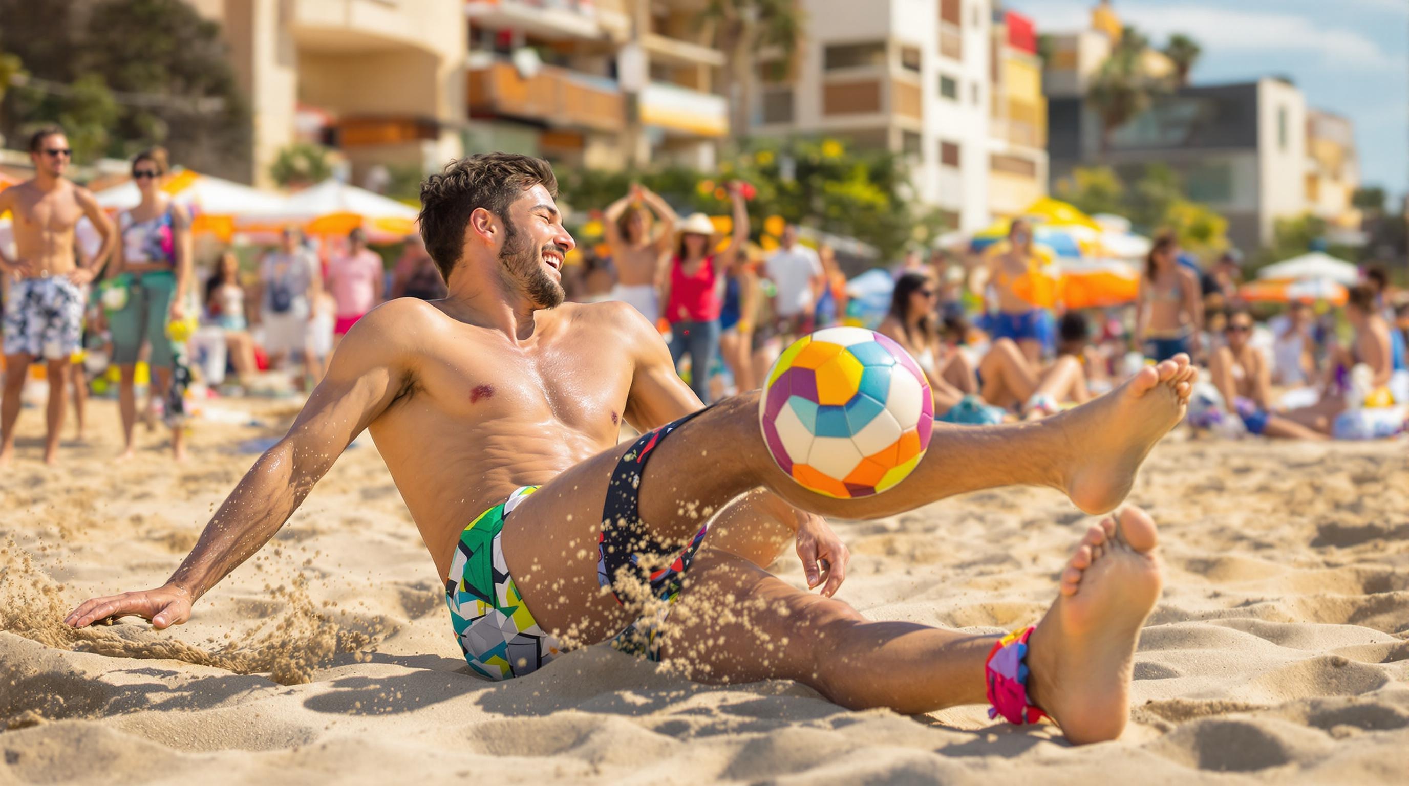 Couple espiègle jouant au beach soccer, tacle doux et regards complices