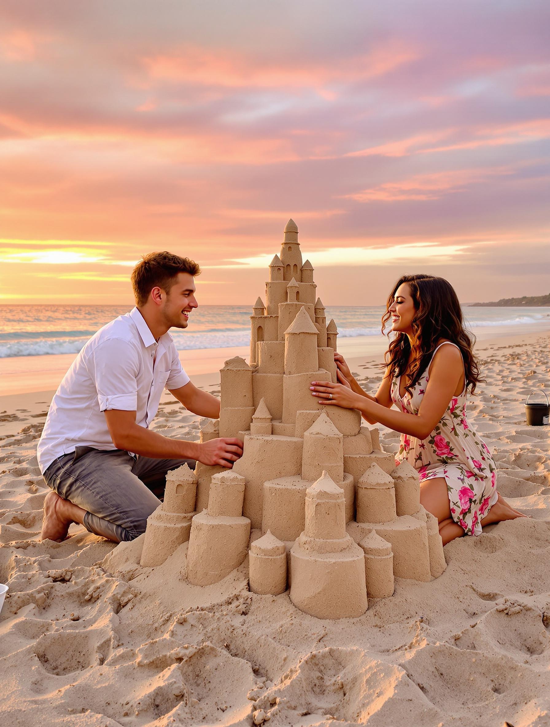 Couple construisant un château de sable romantique au coucher de soleil sur la plage