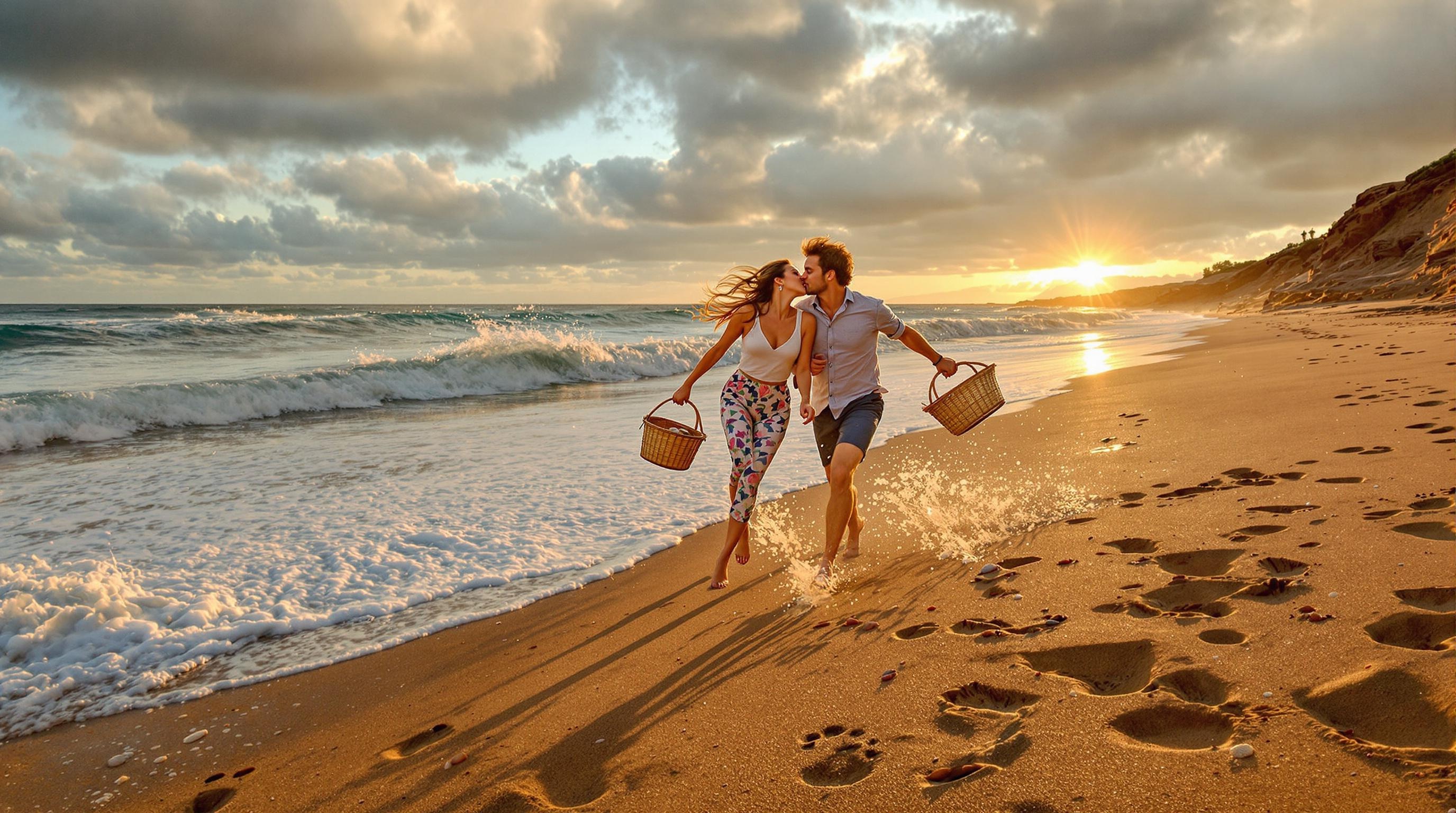 Couple espiègle courant sur la plage à la recherche de coquillages rares ; chaque trouvaille donne droit à un baiser spontané ; fond de mer agitée, paniers en main.