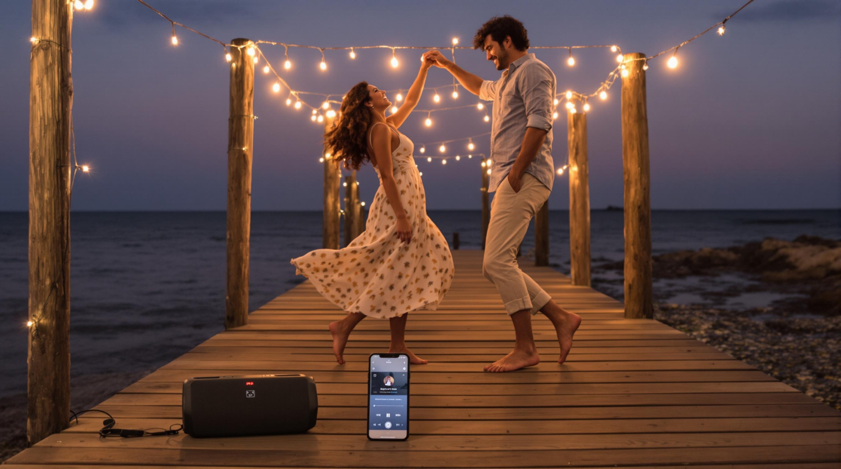 Couple dansant sur une jetée au crépuscule avec guirlande lumineuse et enceinte portable