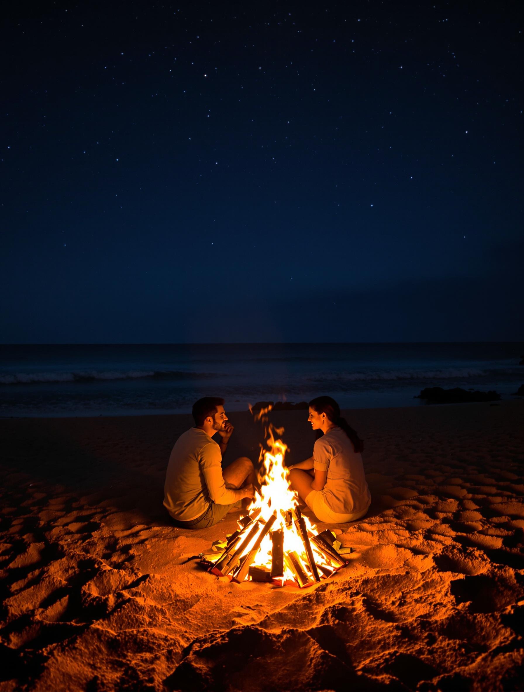 Couple assis sur le sable face à un feu de camp crépitant, confidences intenses sous la nuit étoilée