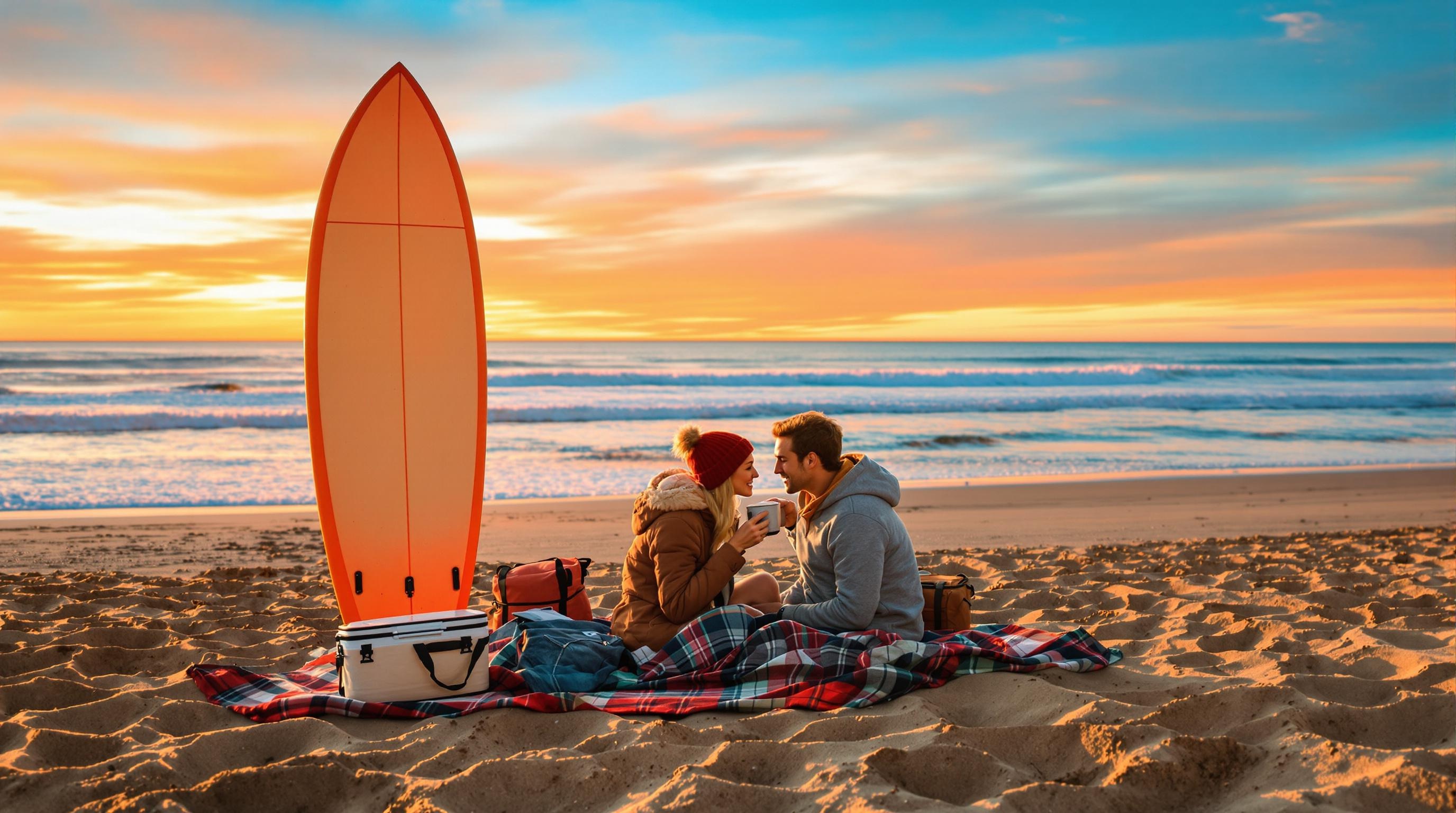 Couple complice au lever du soleil sur plage déserte avec planche de surf