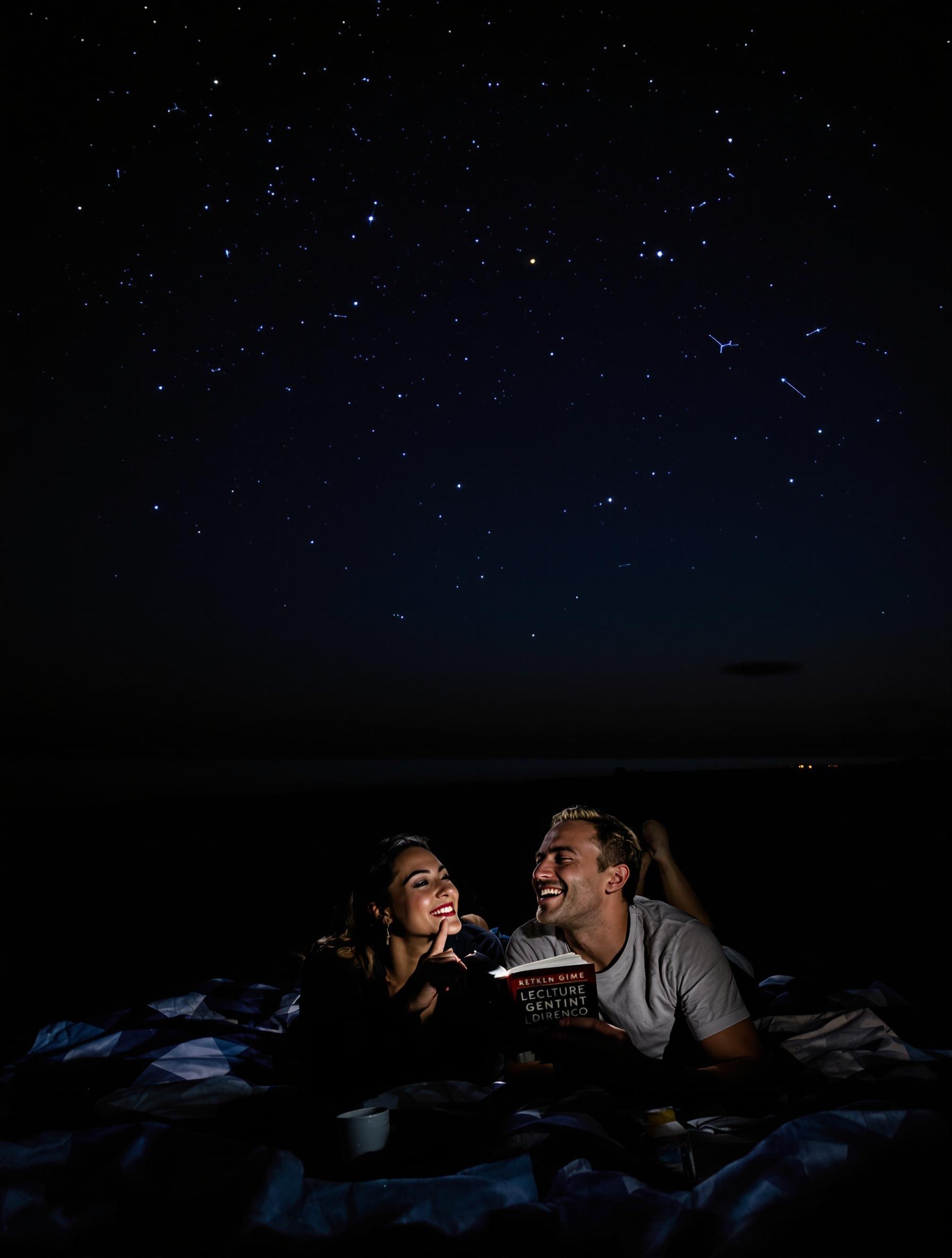 Couple allongé sur couverture observant les étoiles ; l’un pointe une constellation avec doigt, ambiance studieuse et romantique.