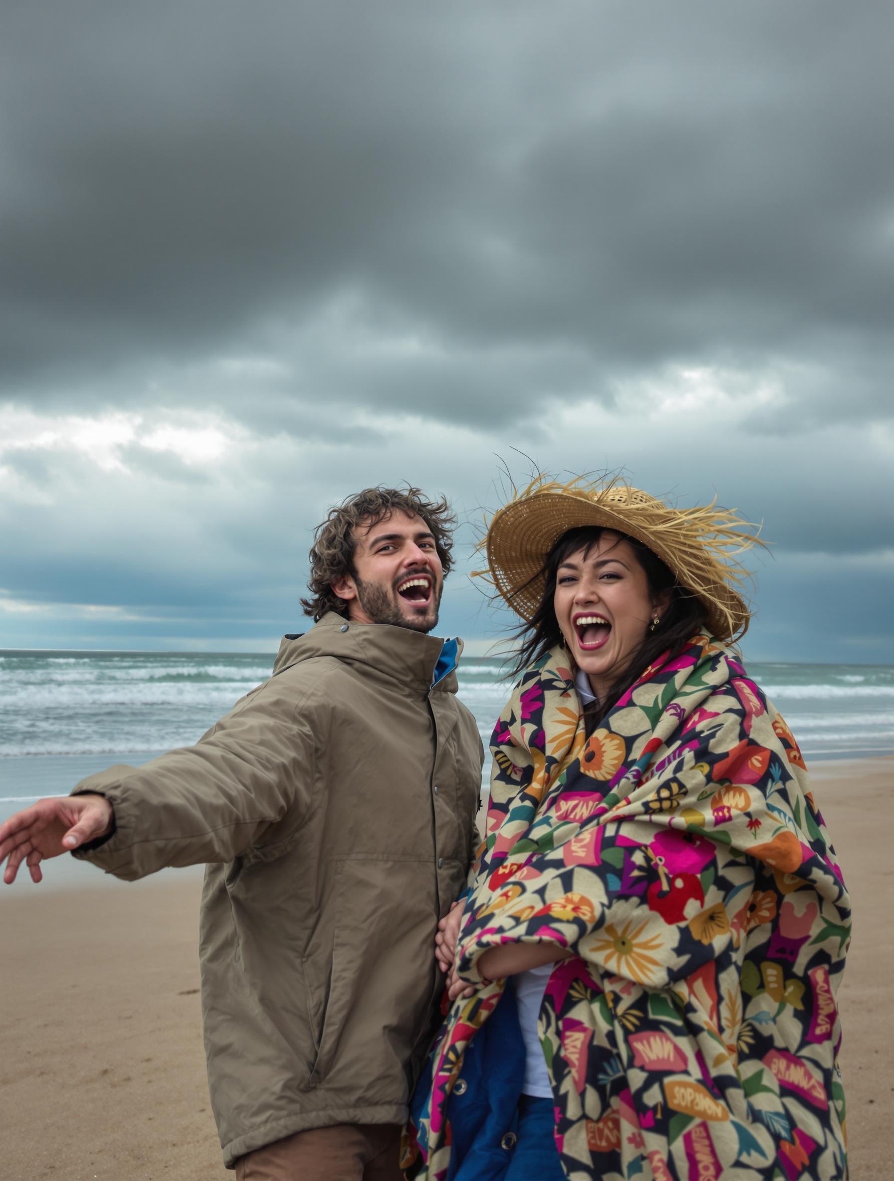 Couple à la plage protégé du vent frais avec coupe-vent et couverture
