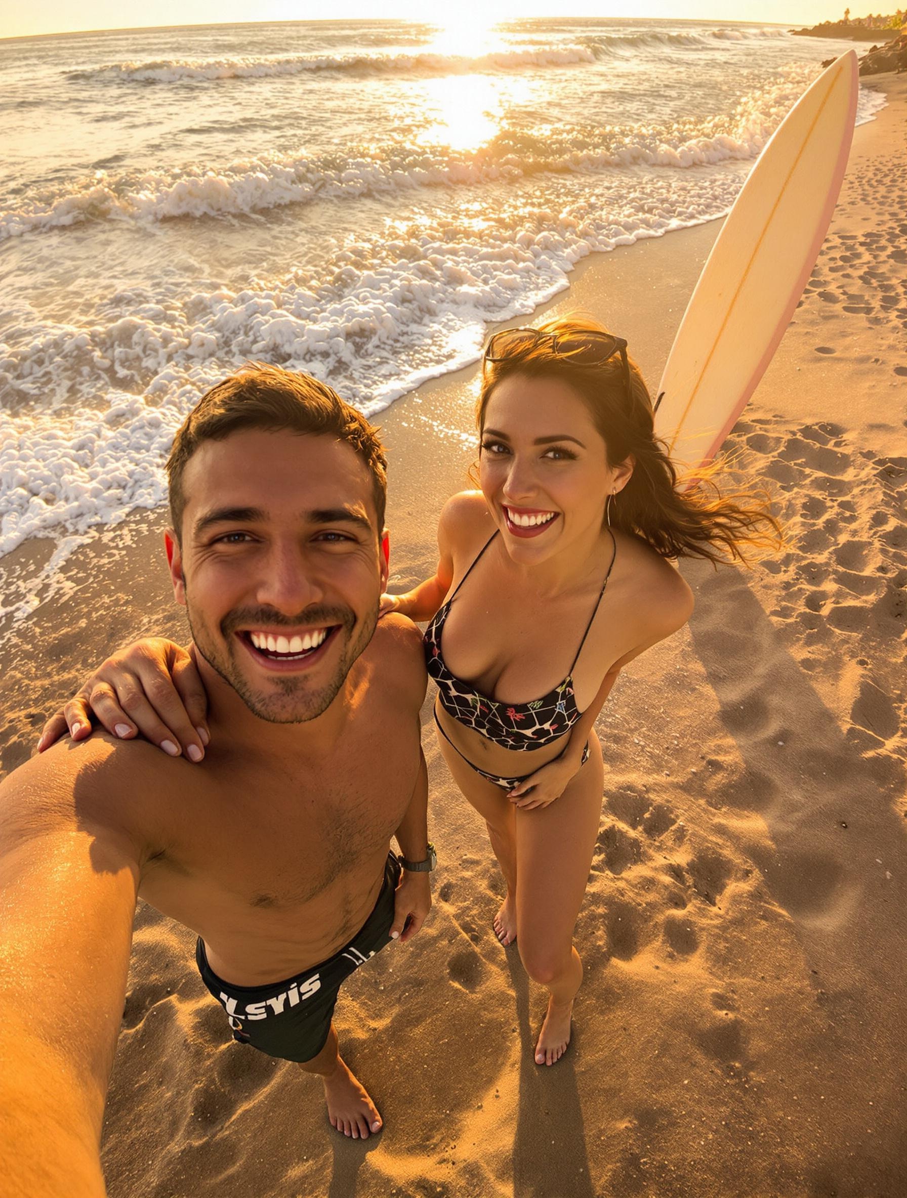 Couple prenant une photo en mode spontané sur la plage au coucher du soleil, planche de surf et lumière dramatique.
