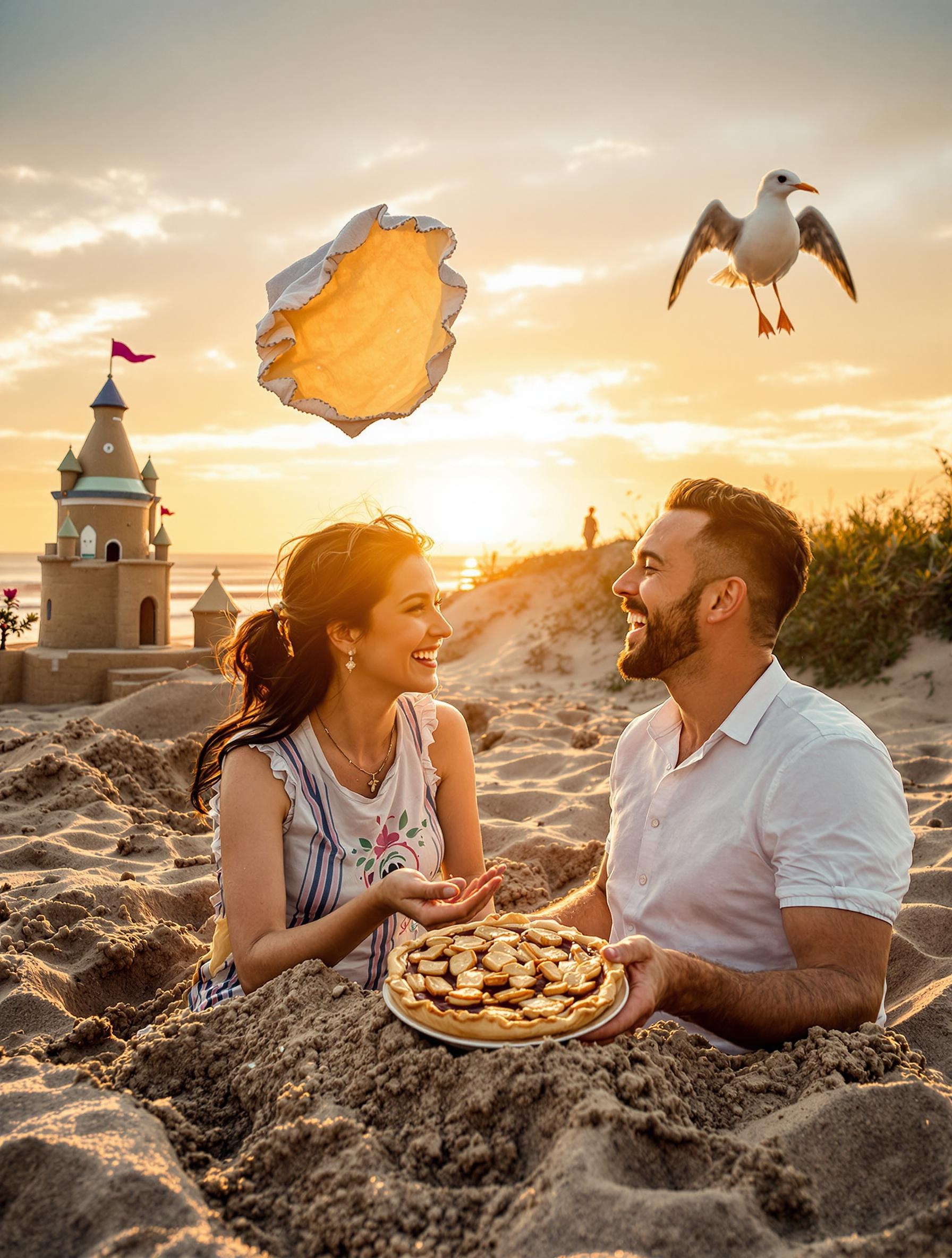 Couple complice partageant une tarte maison au coucher du soleil sur la plage, château de sable en arrière-plan, ambiance déjantée et romantique sous ciel étoilé. Style photo authentique, lumière dorée, détails absurdes : mouette curieuse, serviette qui vole.