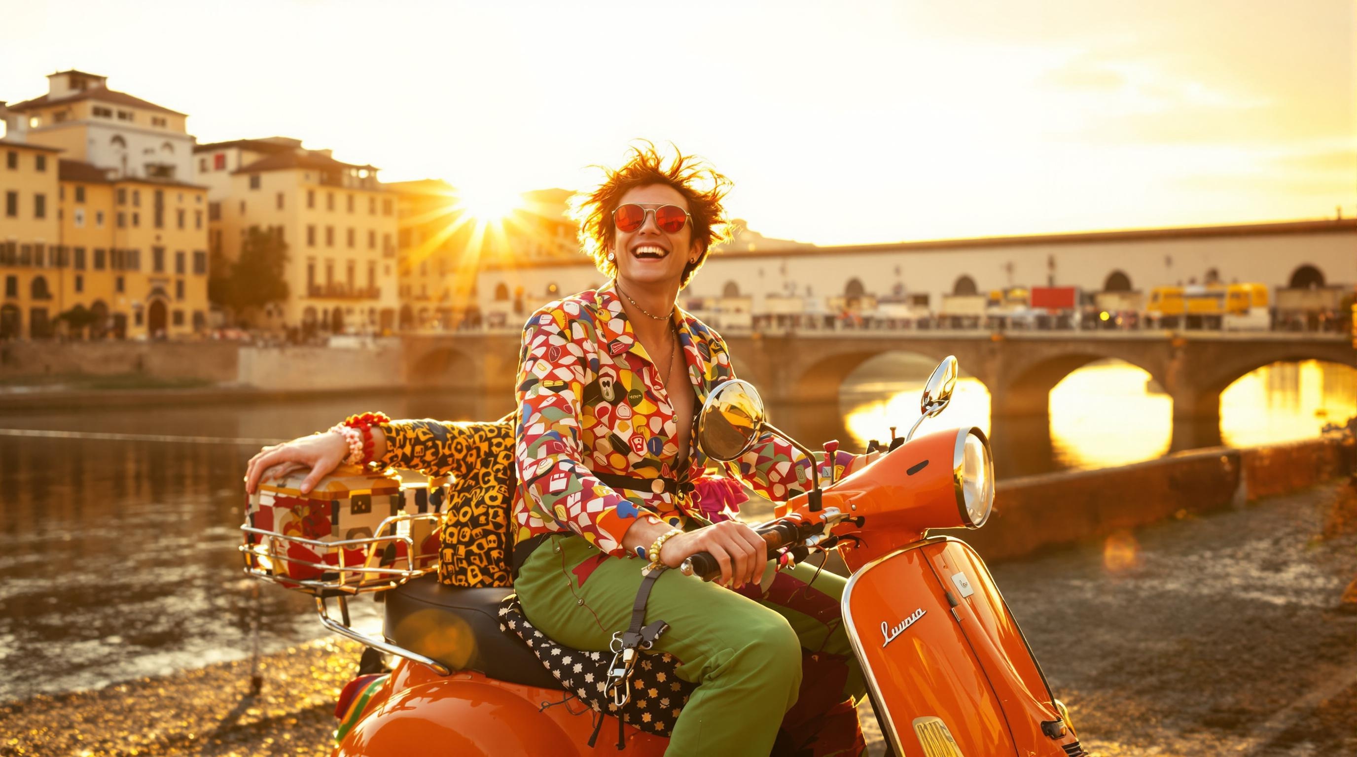 Couple sur une Vespa vintage au coucher du soleil sur l’Arno à Florence