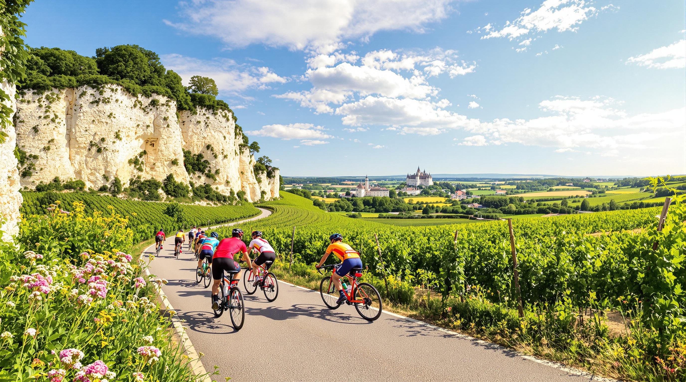Cyclistes sur un chemin entre vignes et tuffeau avec vue sur la Loire.