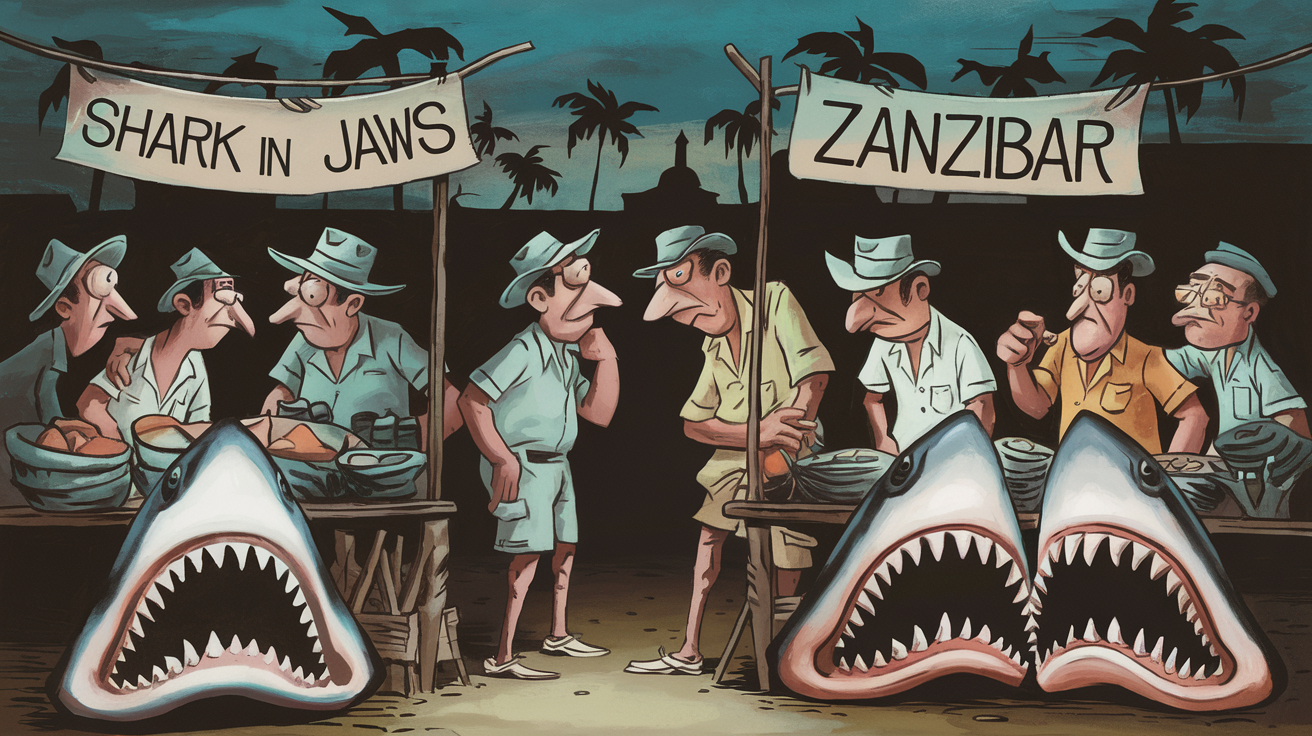 Dessin satirique d'un marché clandestin de mâchoires de requin à Zanzibar