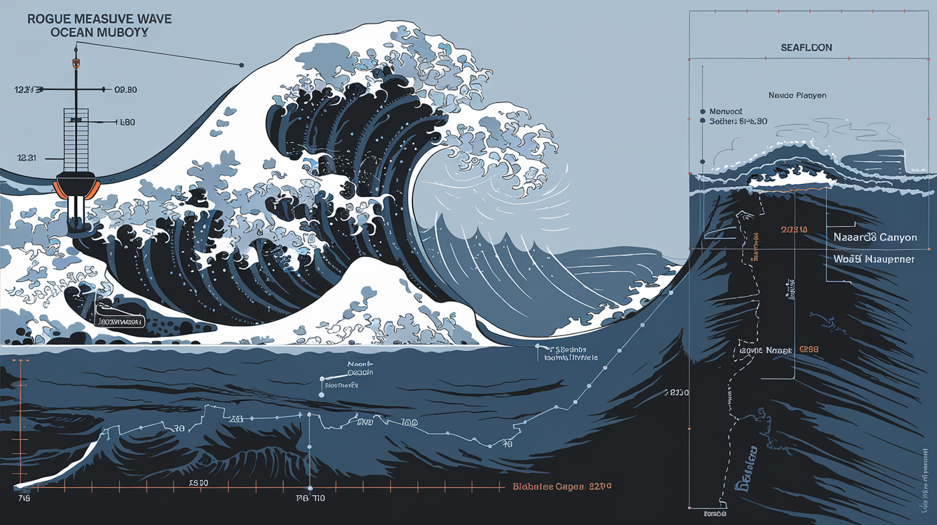 Schéma illustrant une vague scélérate mesurée par bouée et la topographie sous-marine