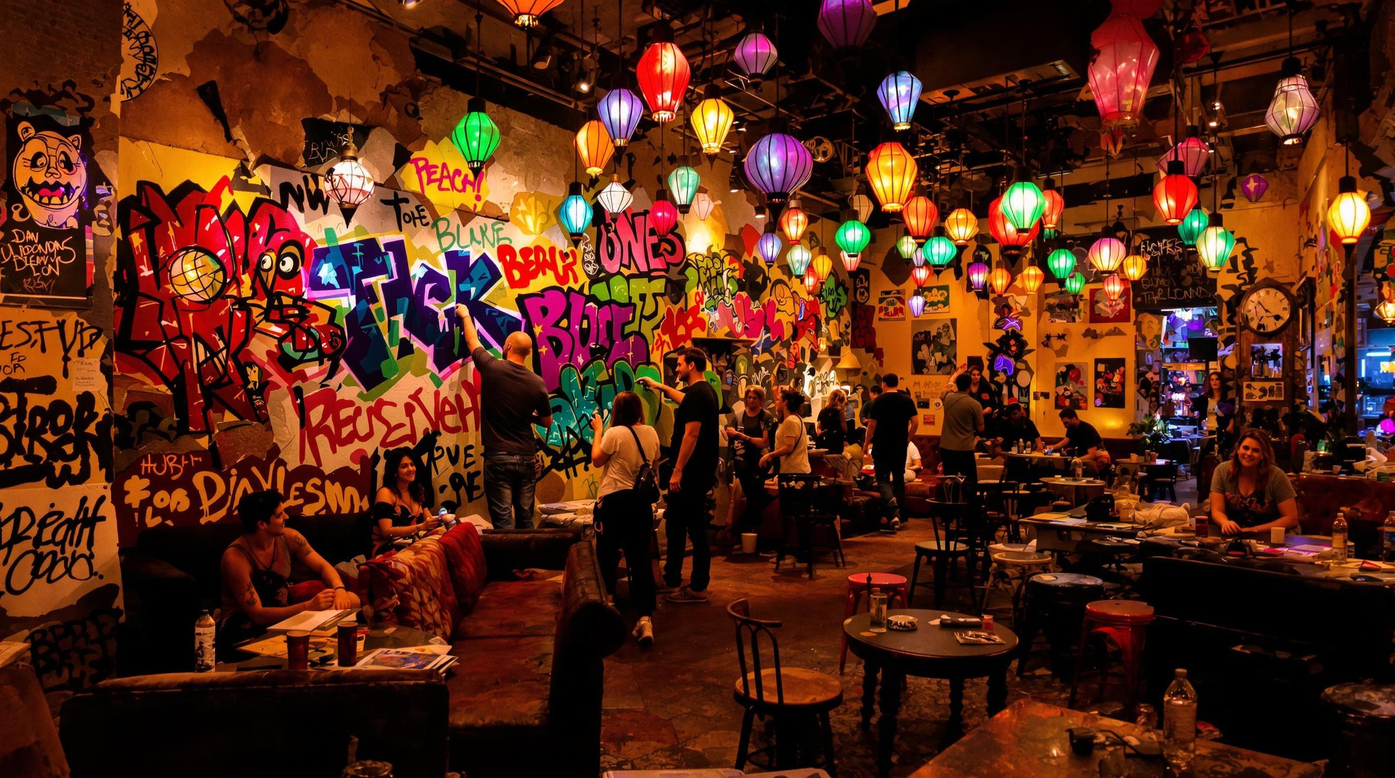 Session DIY de customisation dans un ruin bar à Budapest avec lampions et street art