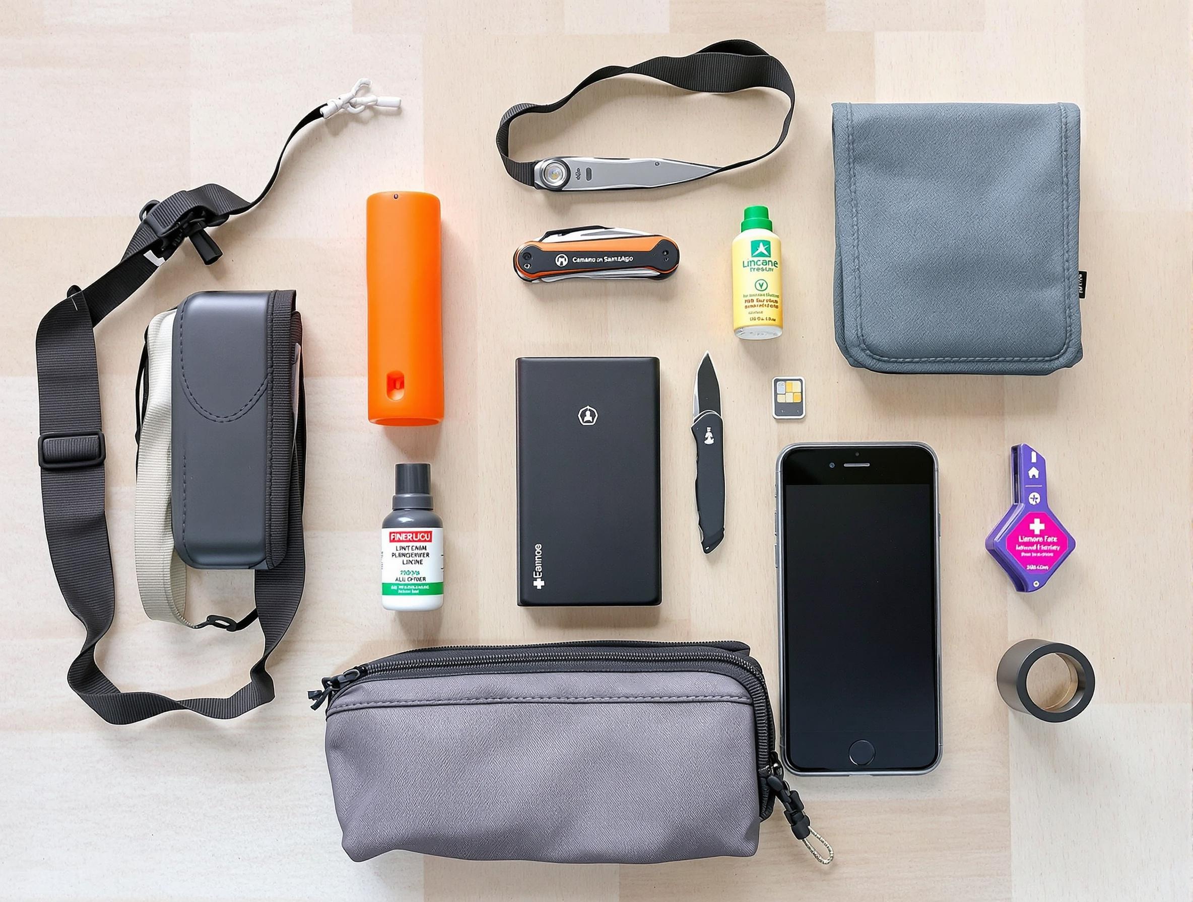 flat-lay kit sécurité chemin Compostelle sifflet frontale spray trousse