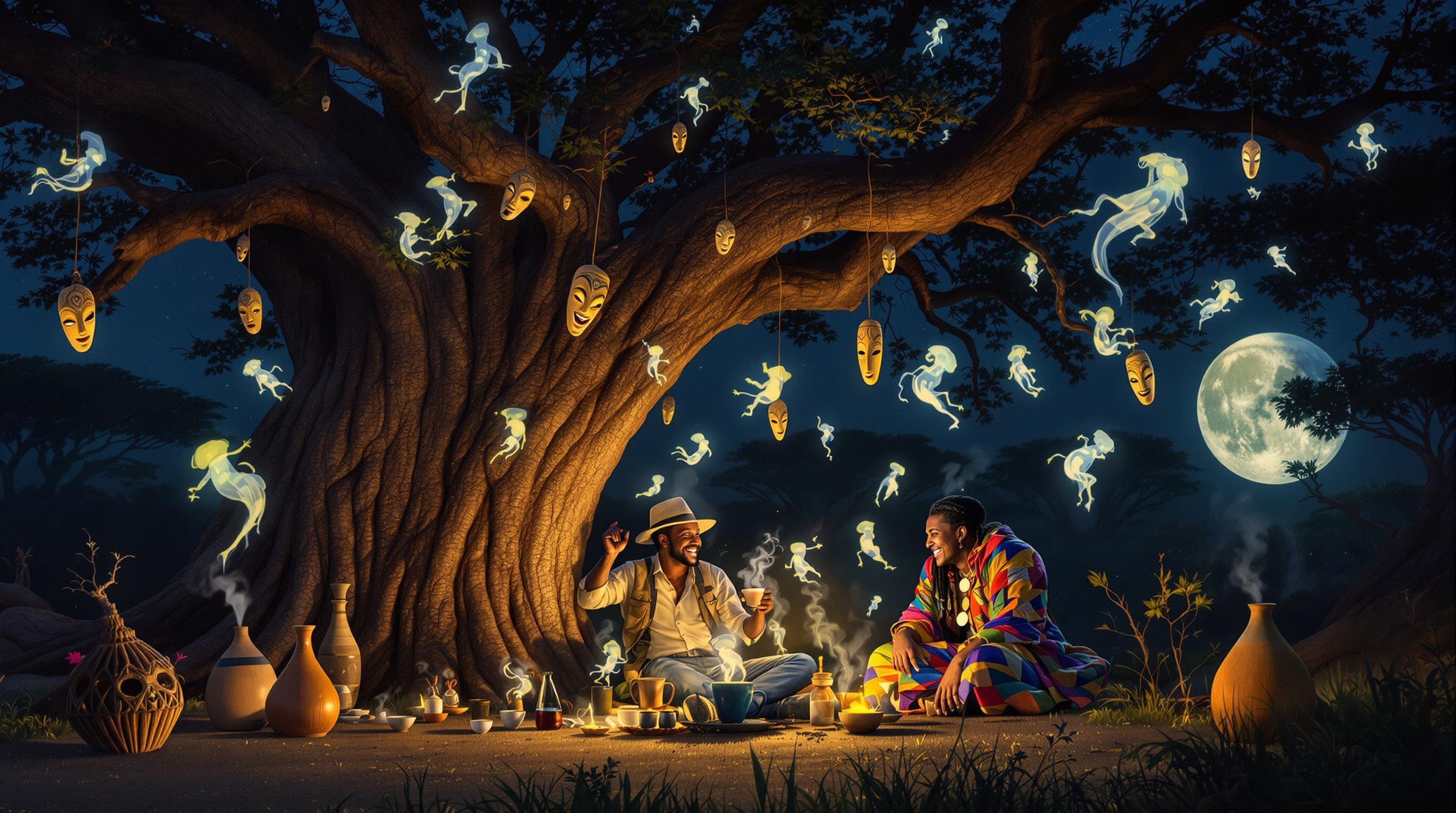 Explorateur partageant le thé sous un baobab avec un chaman africain dans la nuit.