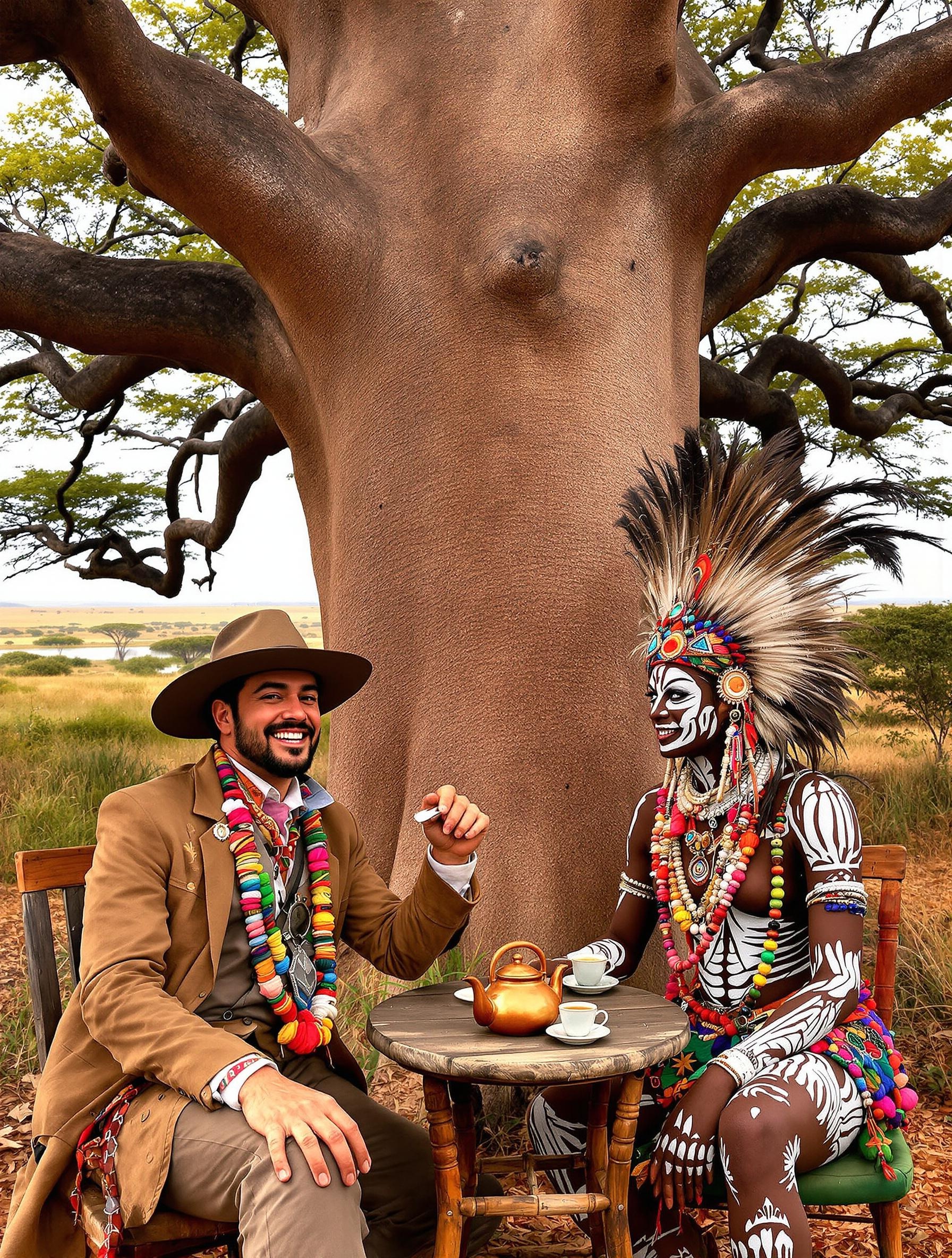 Explorateur partageant du thé sous un baobab avec un chaman africain