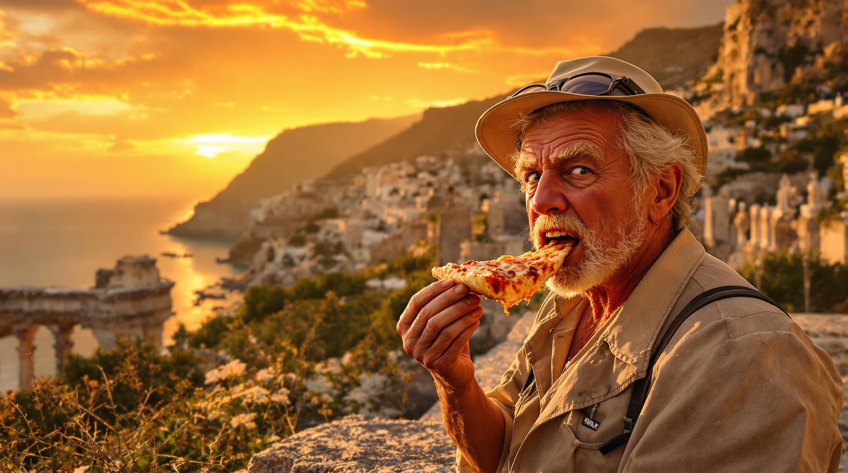 Explorateur mangeant une pizza napolitaine devant Pompéi au lever du soleil.