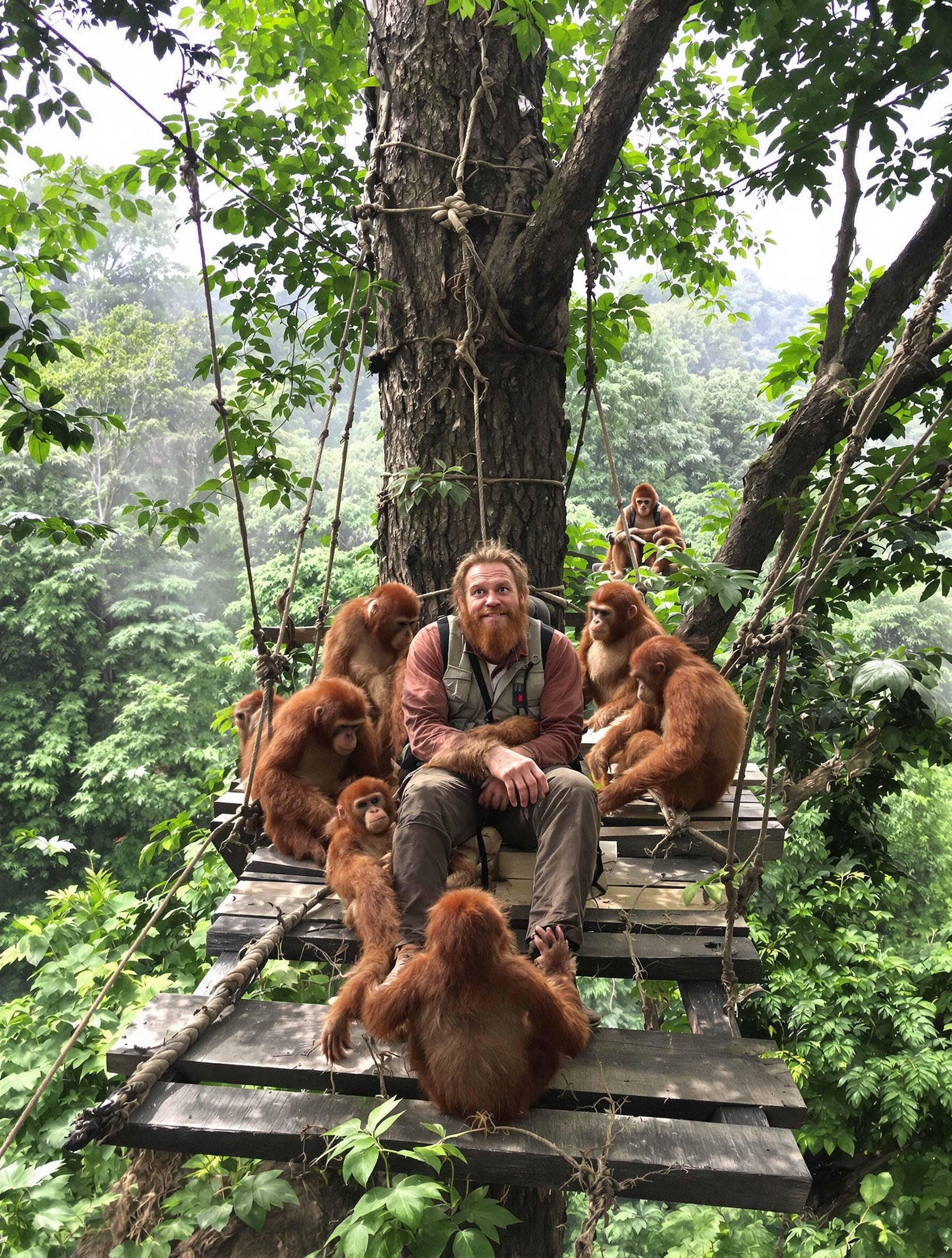 explorateur sarcastique campant dans une plateforme perchée dans un arbre au cœur de la jungle de Bornéo entouré d’orangs-outans