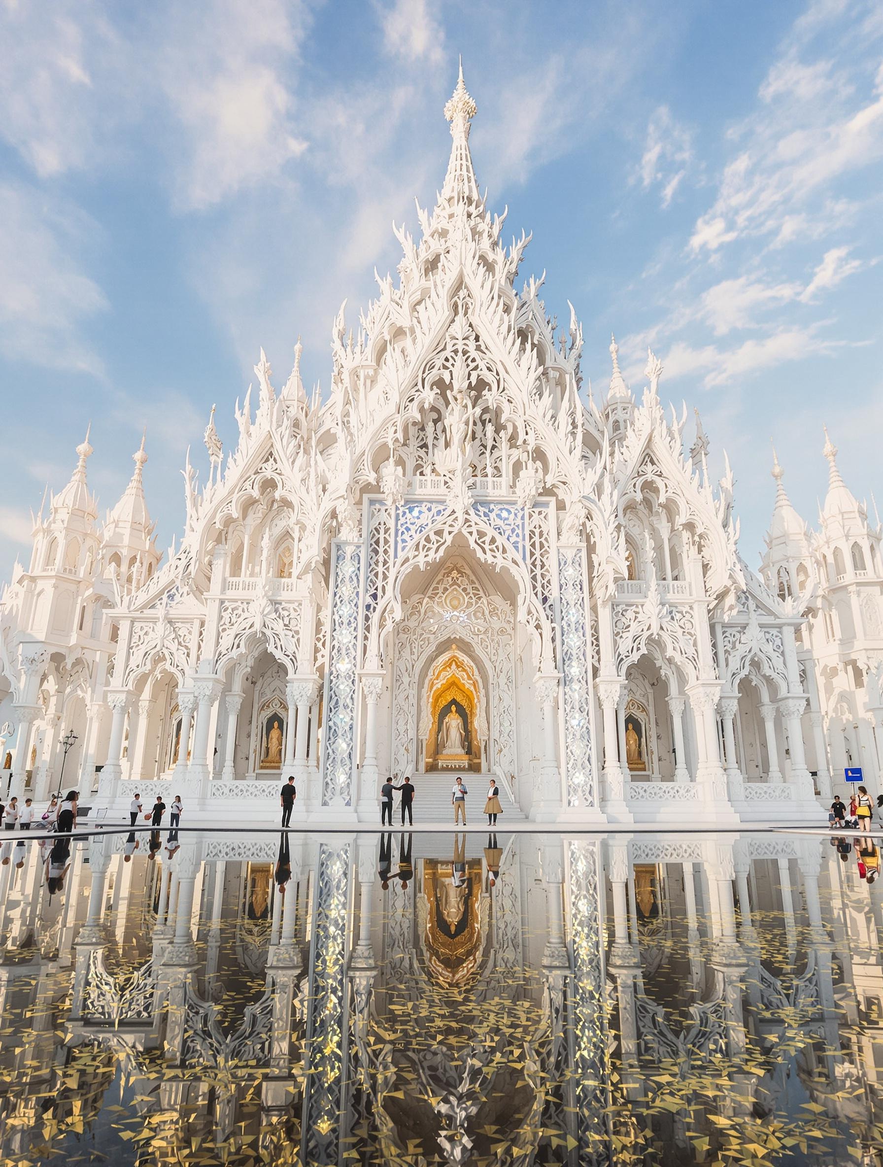 Façade blanche du Wat Rong Khun au lever du soleil avec reflets et motifs ésotériques