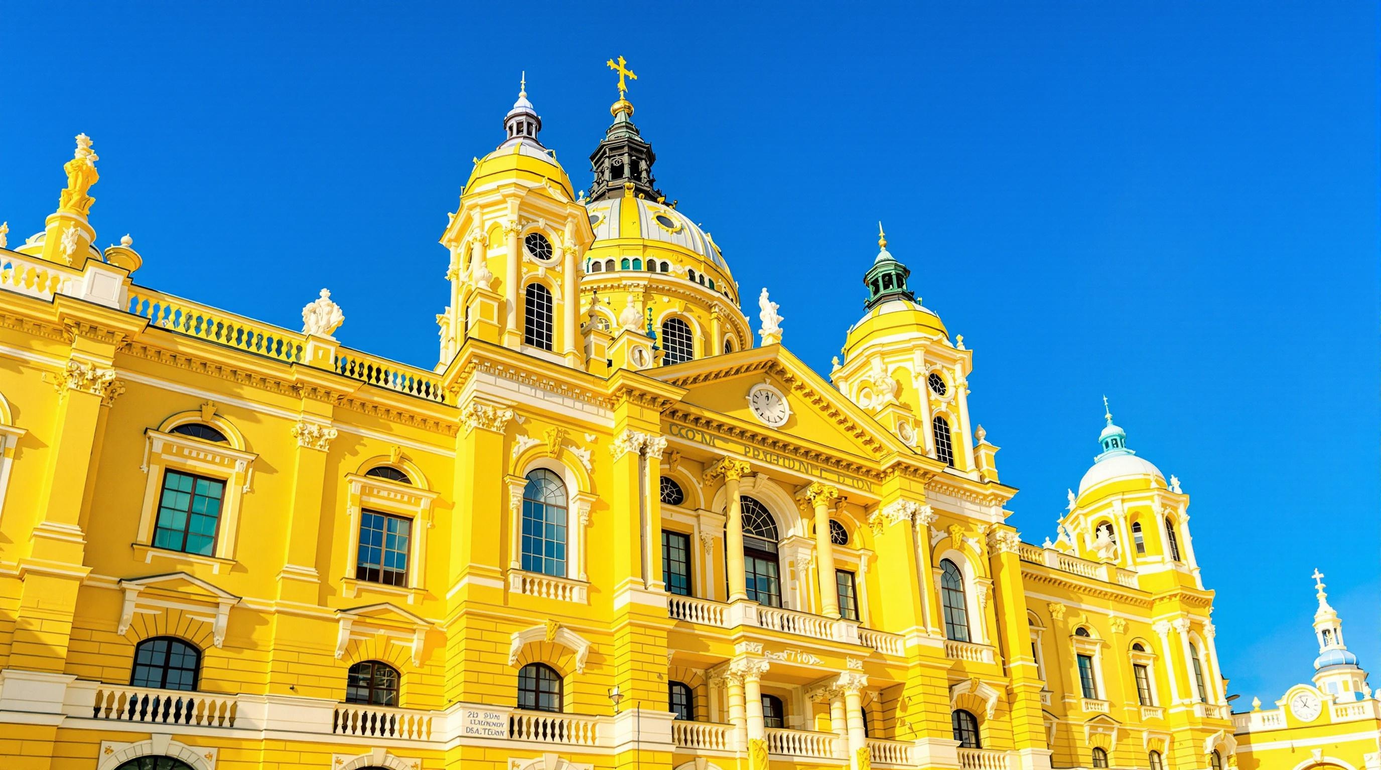 Façade colorée des Bains Széchenyi sous le ciel bleu