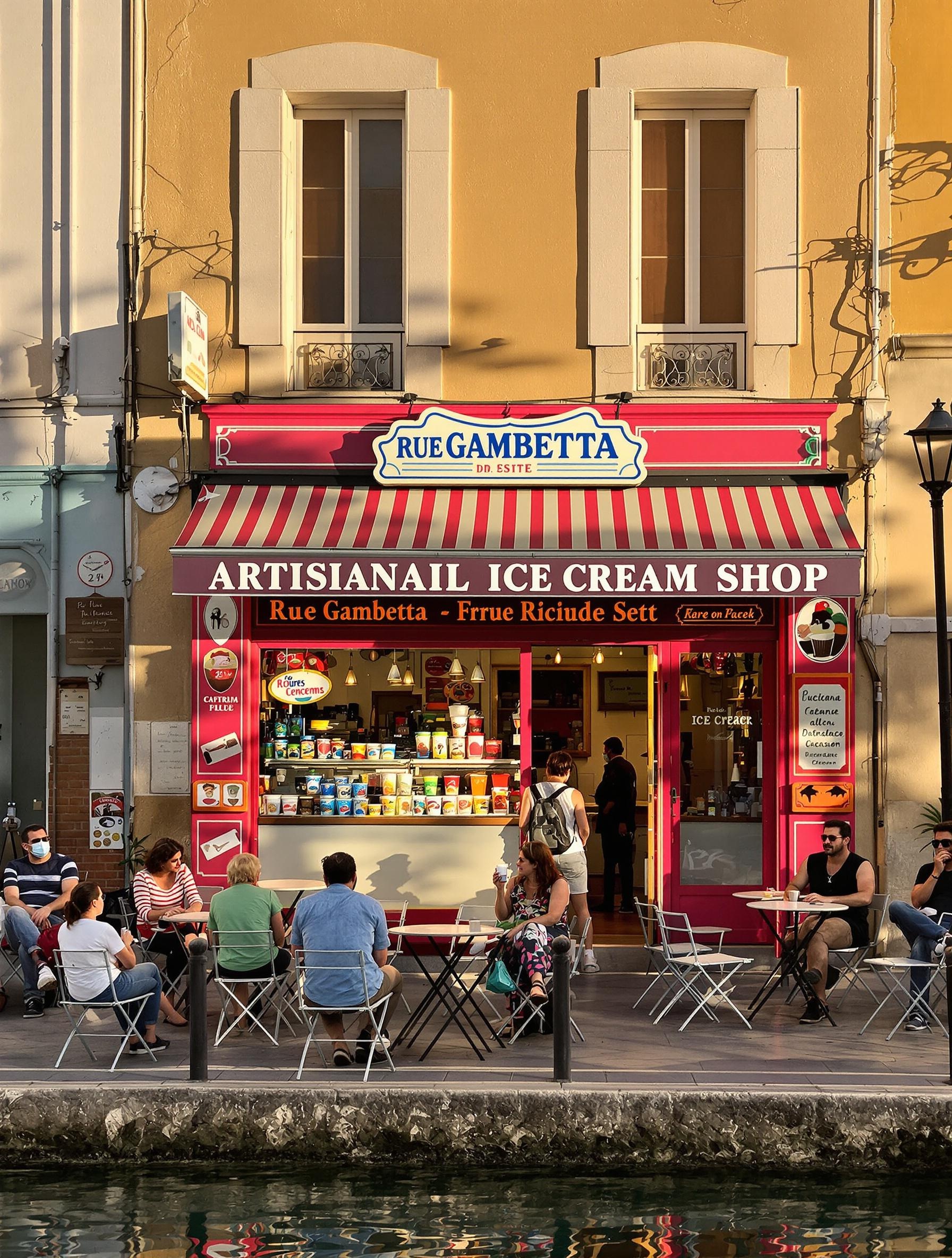 Glacier artisanal rue Gambetta et café littéraire au canal de Sète