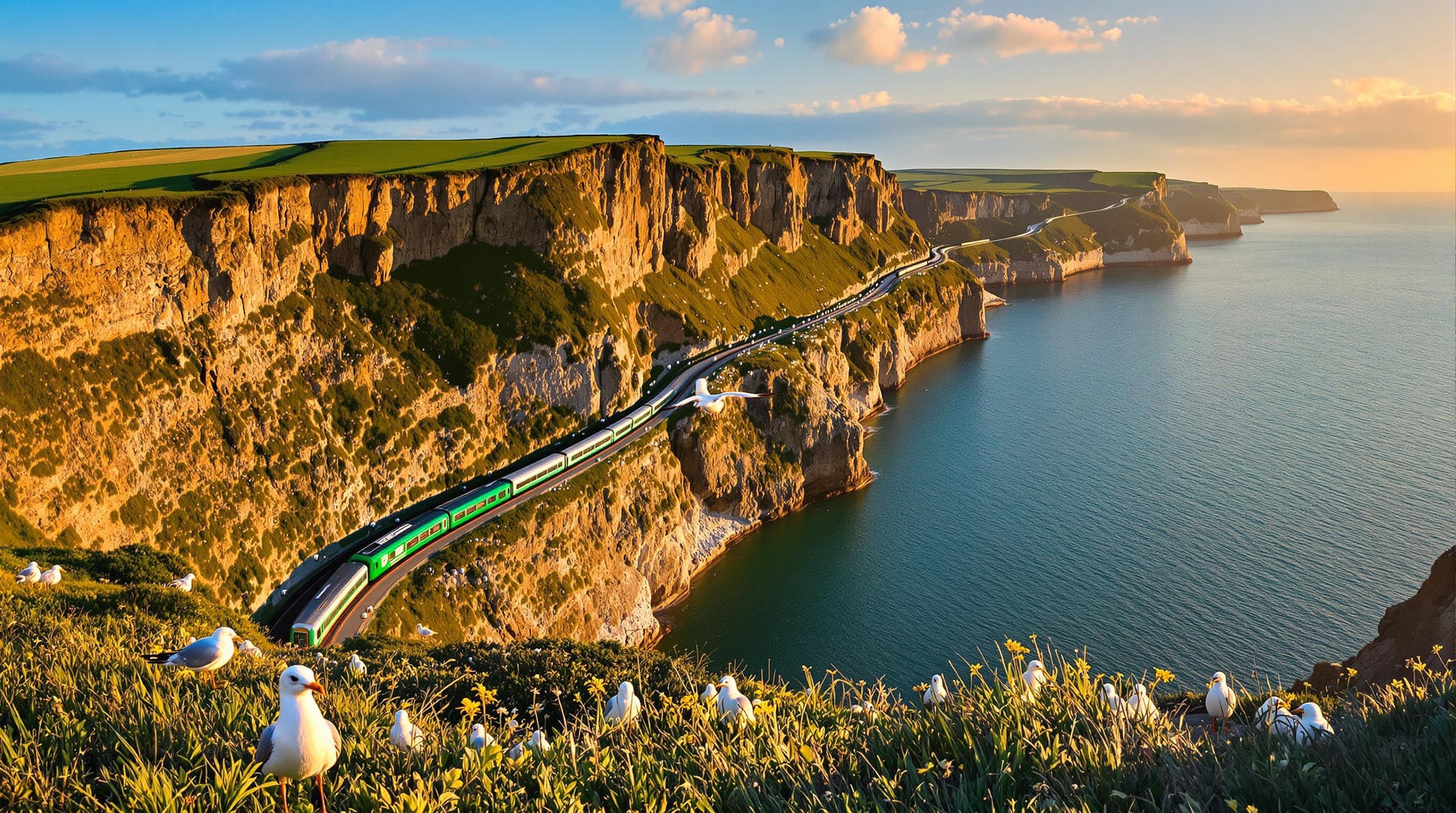 Vue panoramique des falaises de Howth au soleil rasant, avec le DART vert émeraude visible en contrebas et des mouettes en plan rapproché.