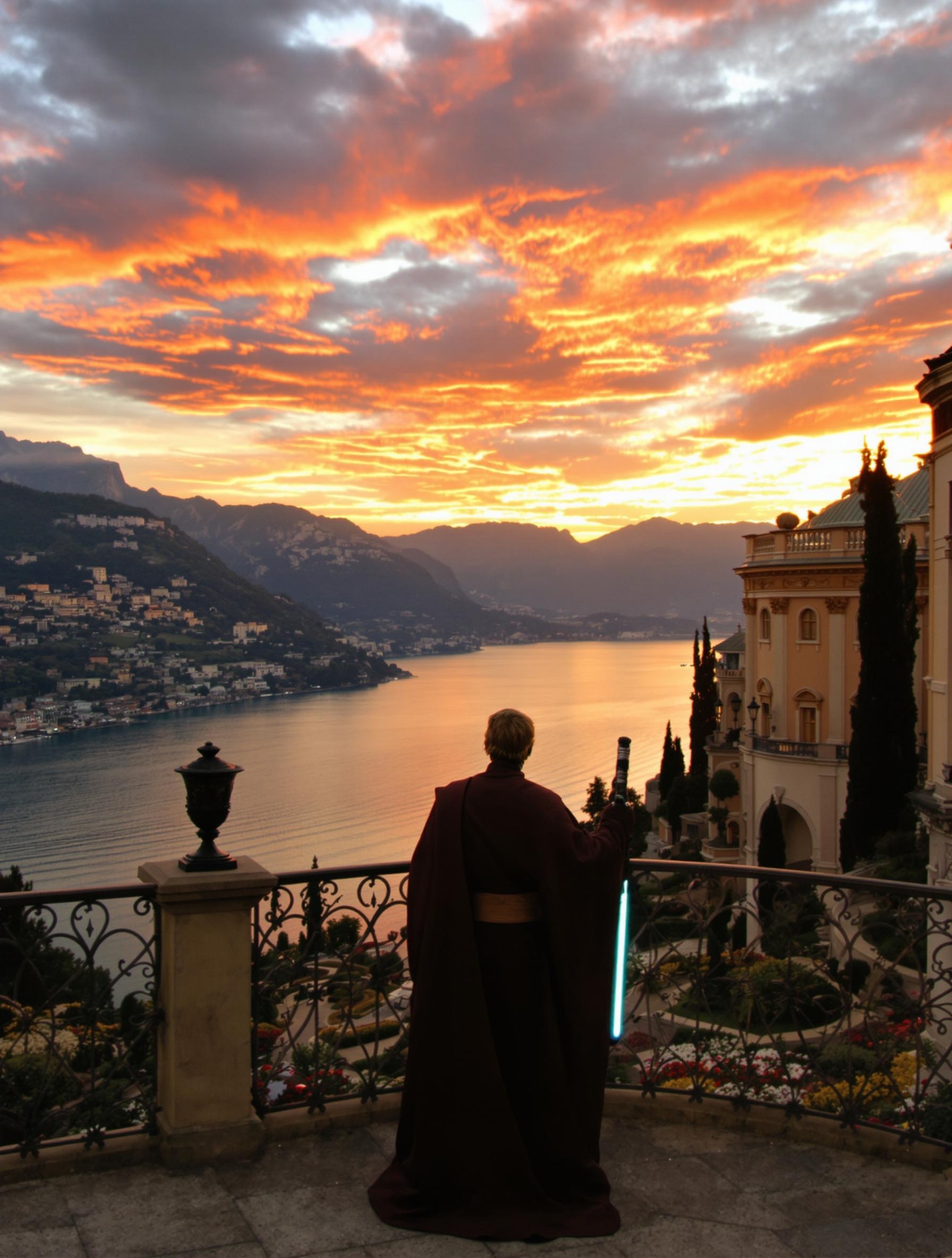Fan Jedi au coucher de soleil devant la Villa Balbianello