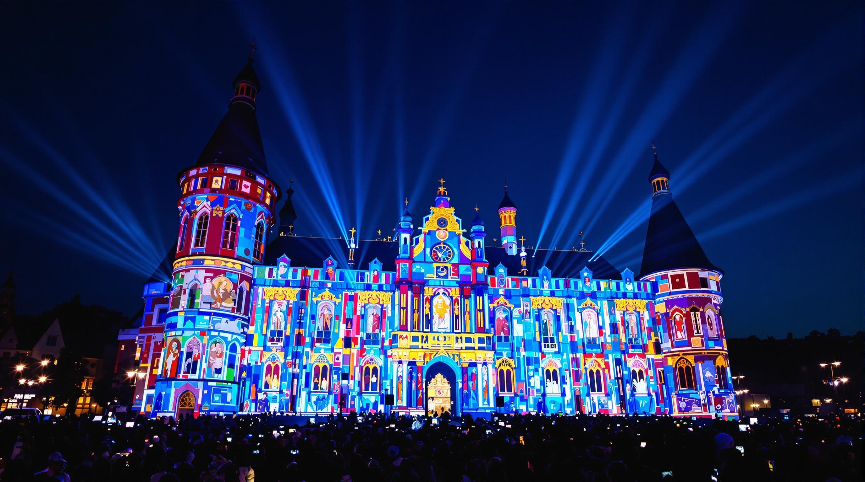 Festival son et lumière à Blois, projections sur la façade Renaissance au crépuscule.