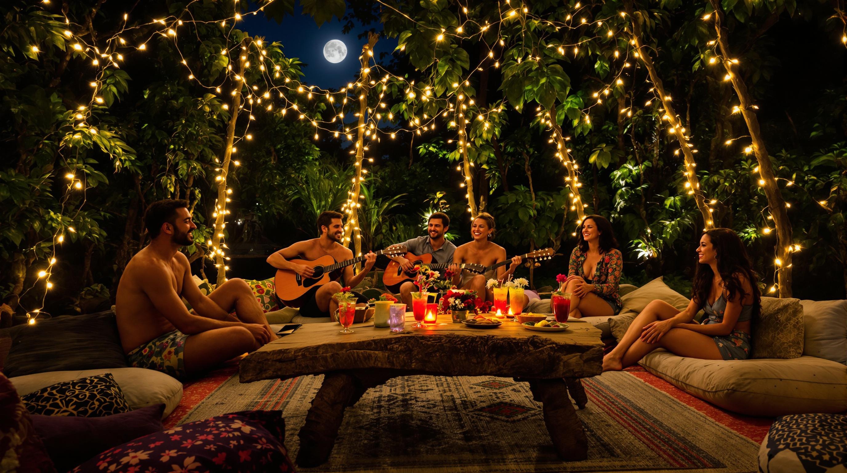 Fête improvisée à Pai : guitare, cocktails fleuris et ambiance lunaire