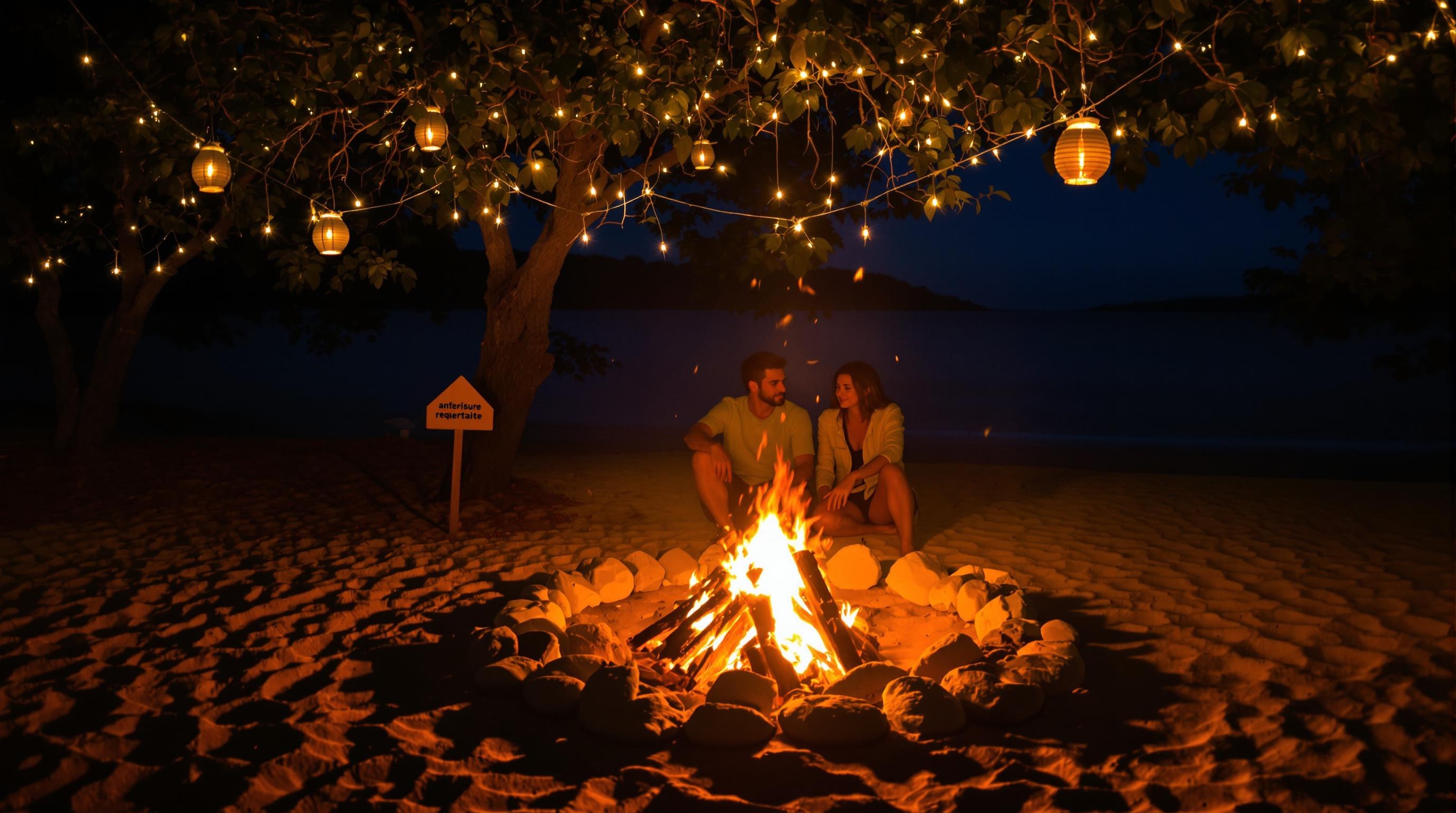 Feu de camp contrôlé sur plage avec panneau autorisation