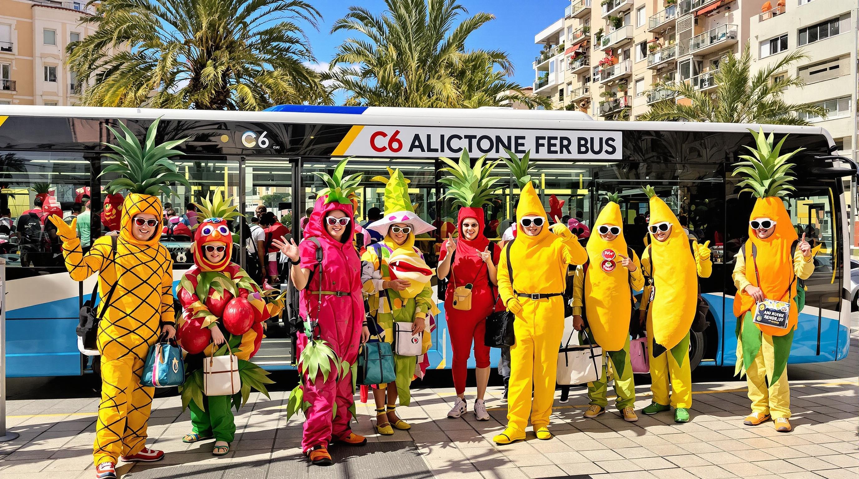 File d’attente surréaliste pour le bus C6 à Alicante, avec des voyageurs et des fruits exotiques en arrière-plan.
