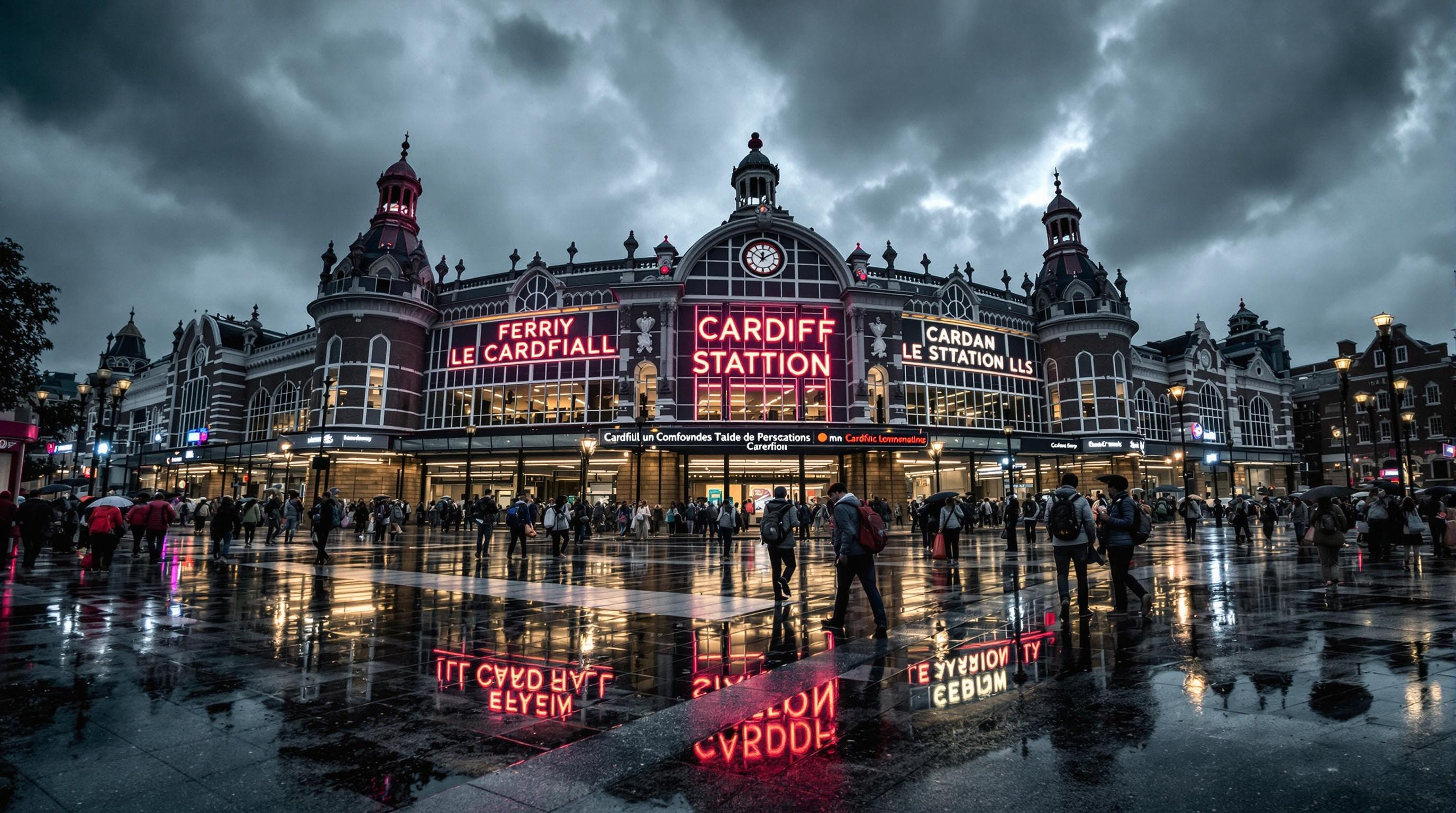 Voyageurs gare Cardiff pluie sacs à dos départ Angleterre ferry Belfast
