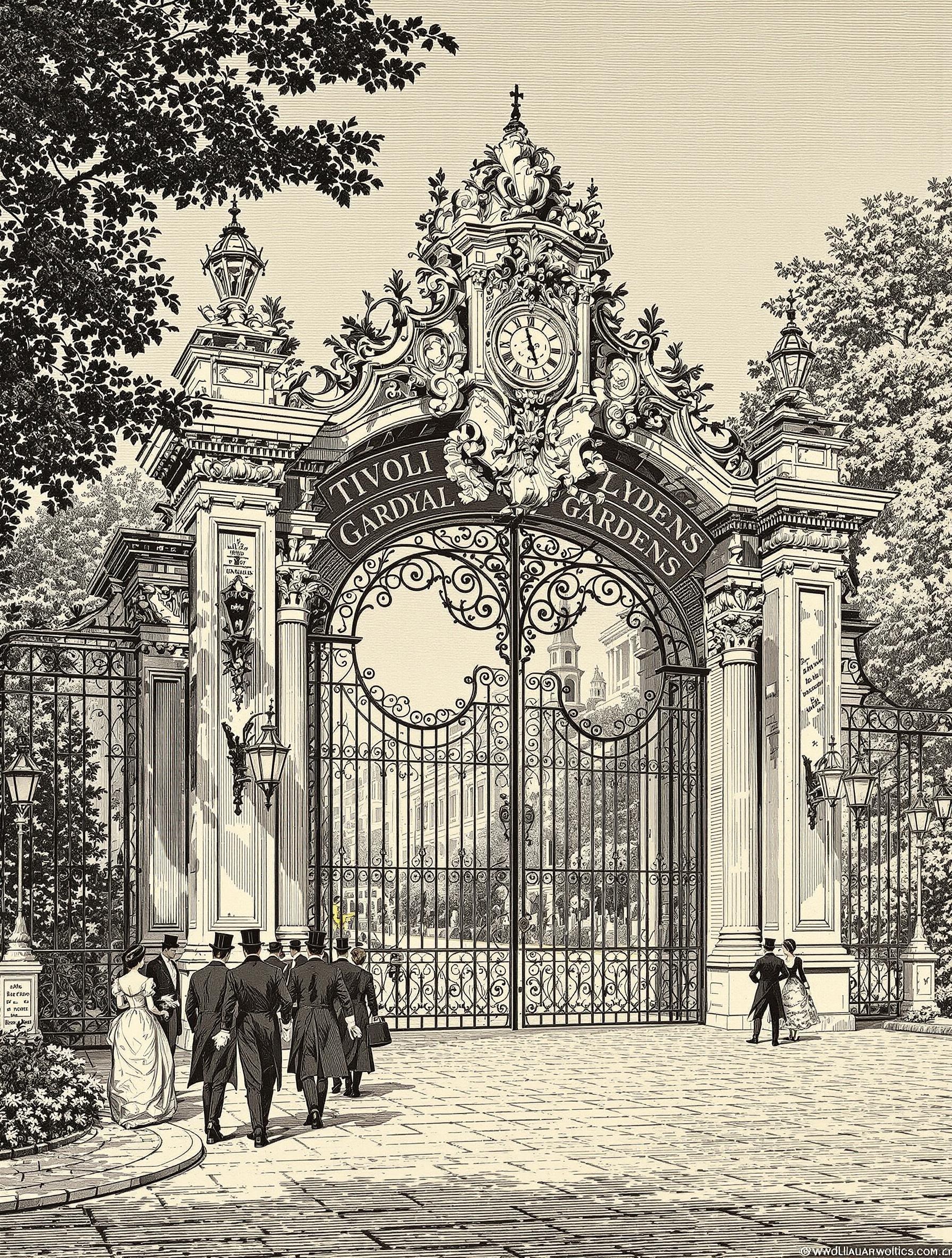 Ancienne gravure de Tivoli Gardens en 1843, montrant l’entrée royale sous le règne de Christian VIII