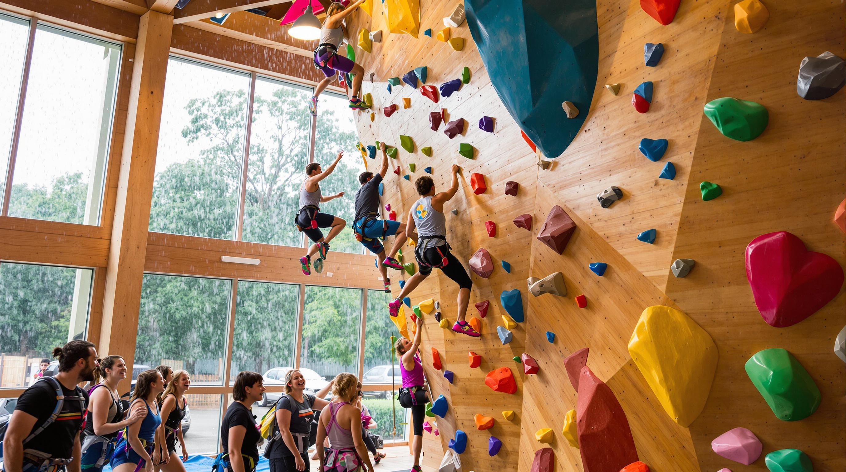 Salle d’escalade indoor avec des grimpeurs en action.