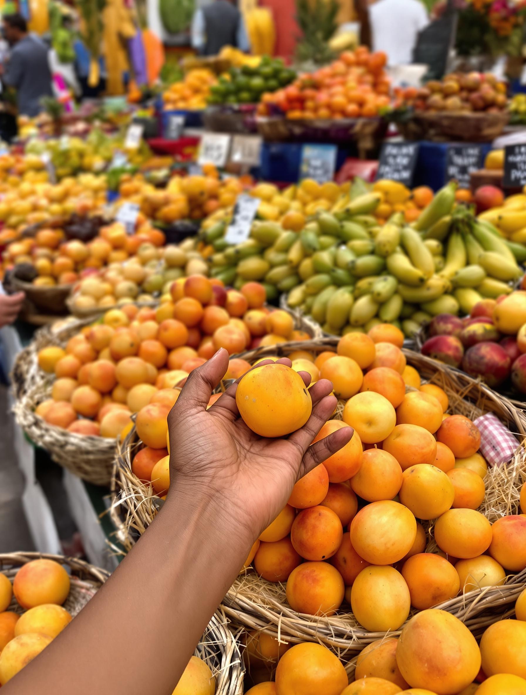 Stand discret de fruits exotiques au marché : abricots-pays, sapotilles, corossols et bananes figues-pommes.