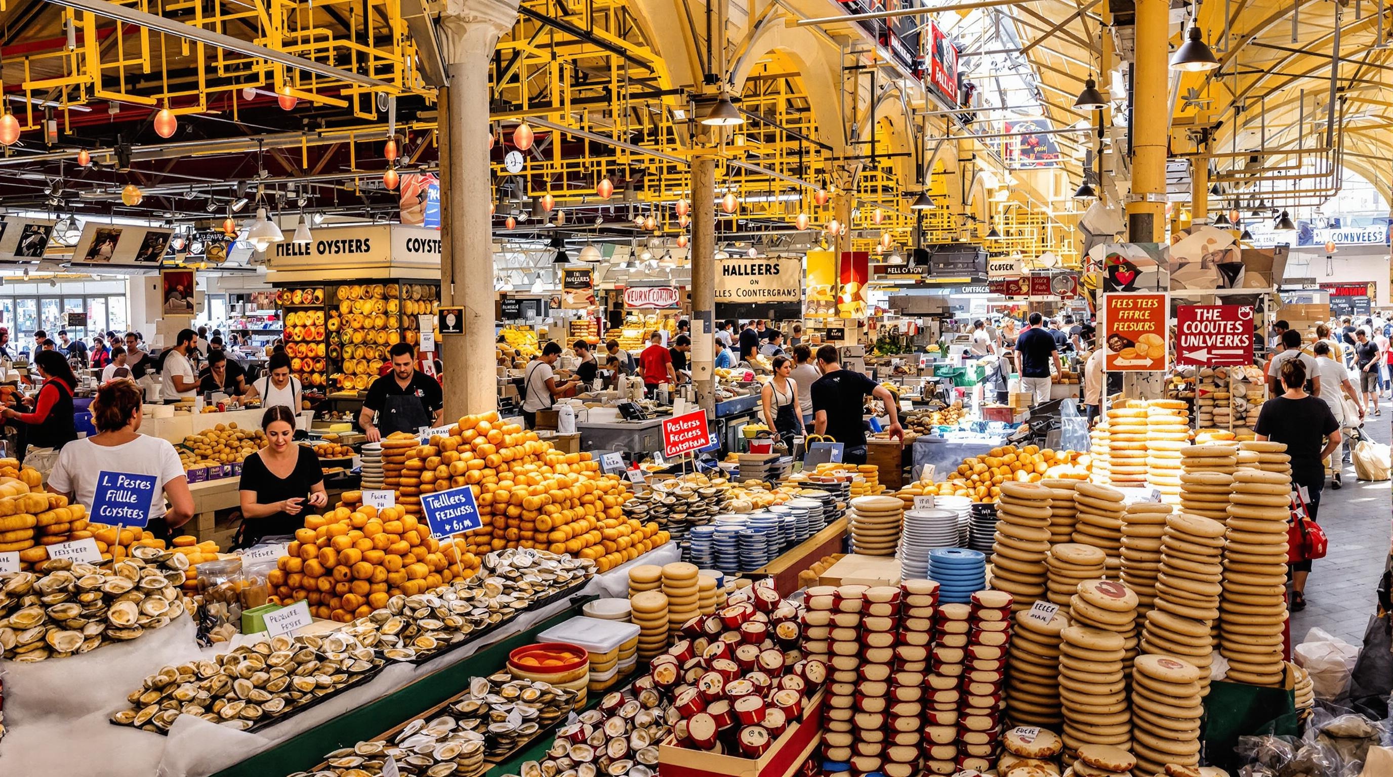 Halles de Sète avec étals de tielles et huîtres animés
