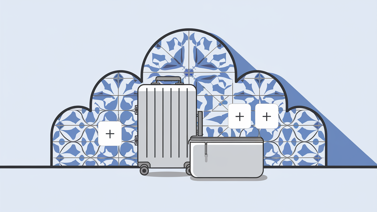 Valise rigide contre travel pouch devant azulejos