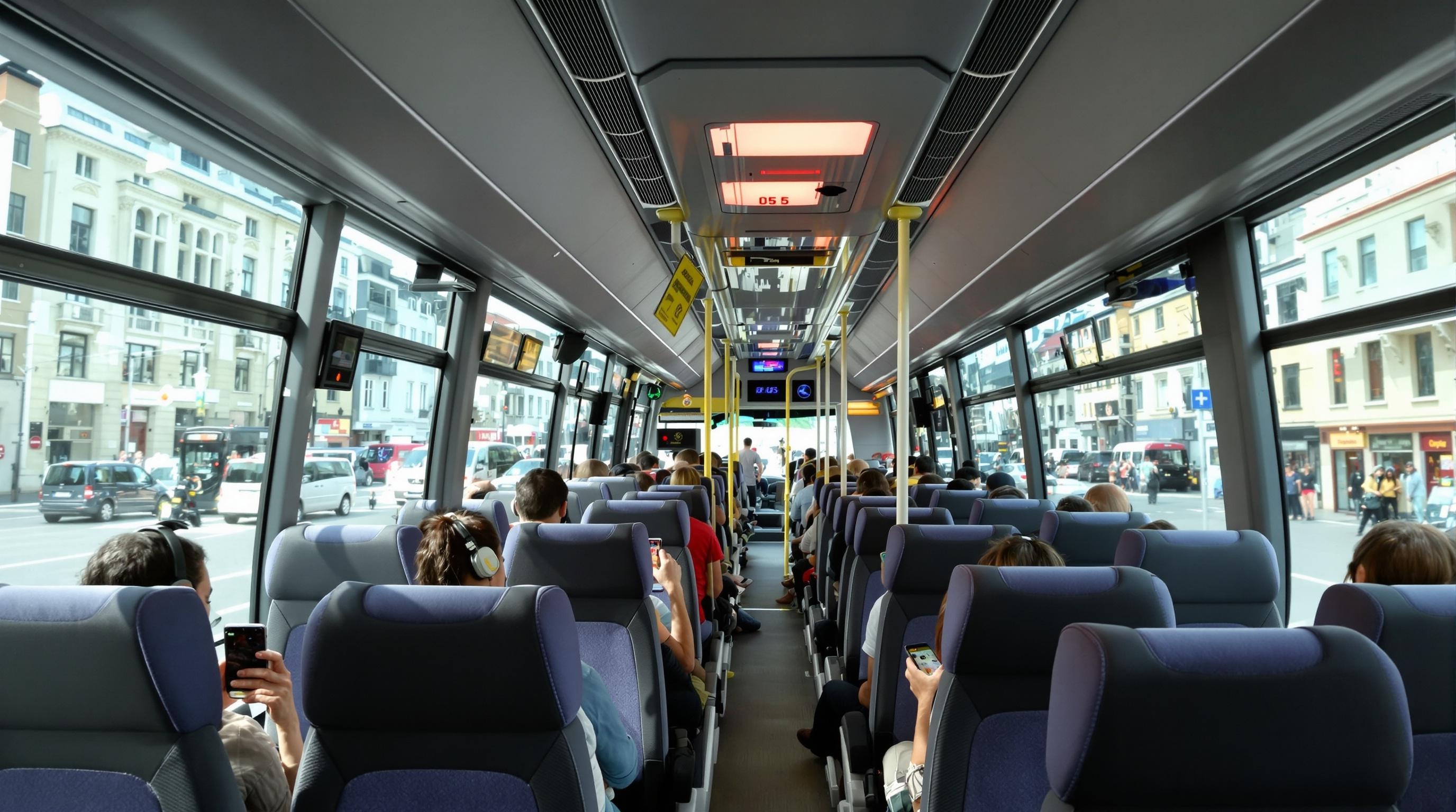 Intérieur d’un bus Terravision à Prague, passagers connectés sur leurs smartphones