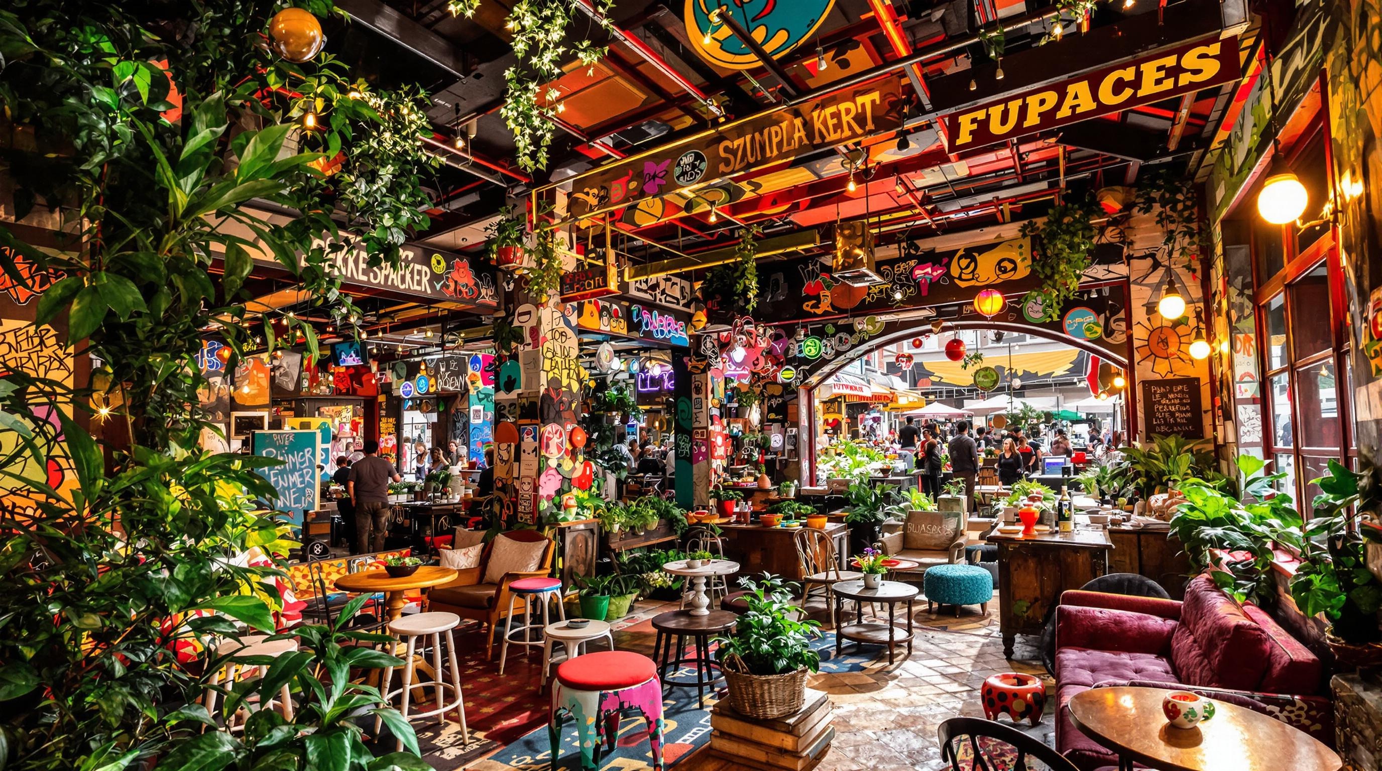 Intérieur labyrinthique du Szimpla Kert, ruin bar emblématique de Budapest