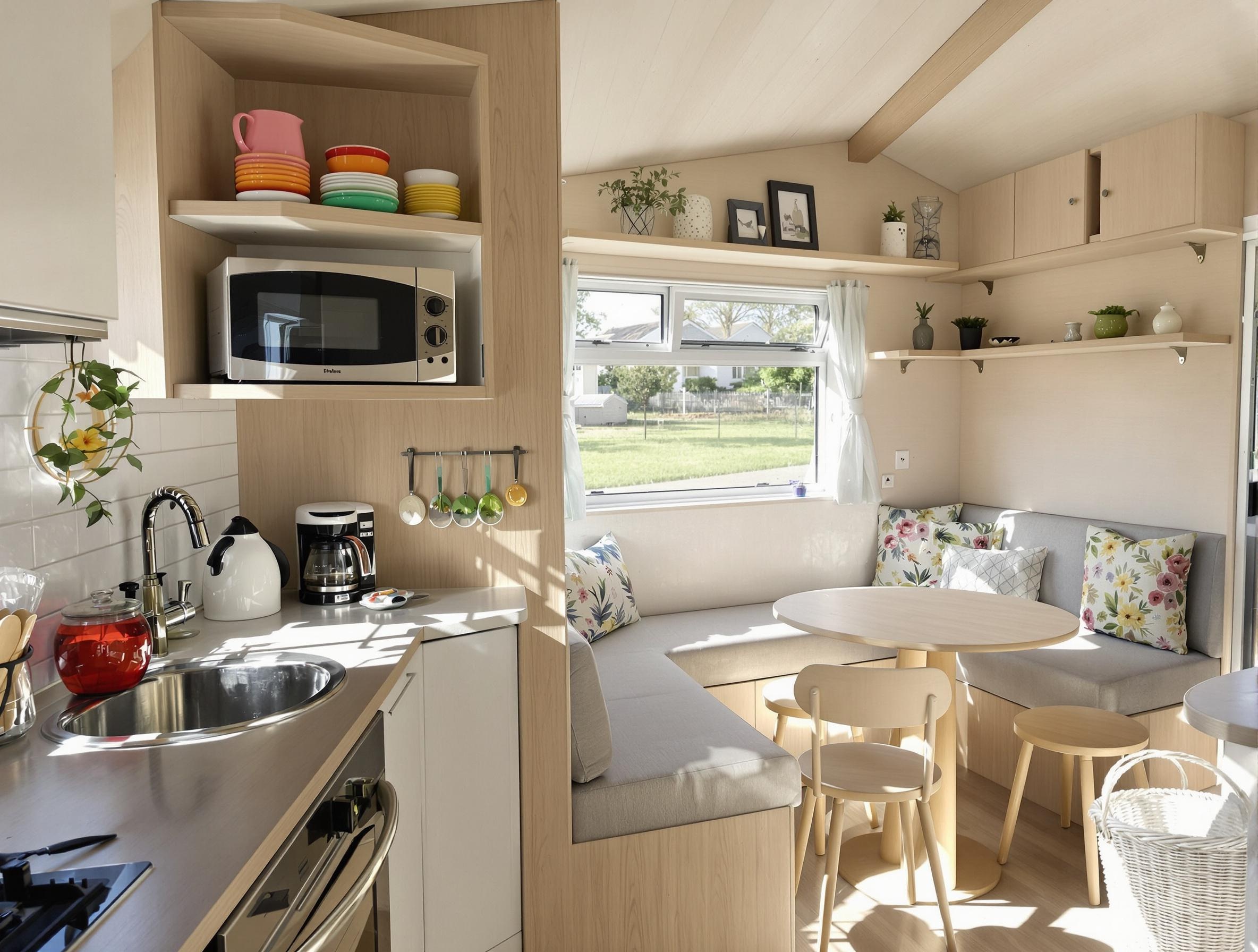 Cuisine et salon équipés dans un mobil-home