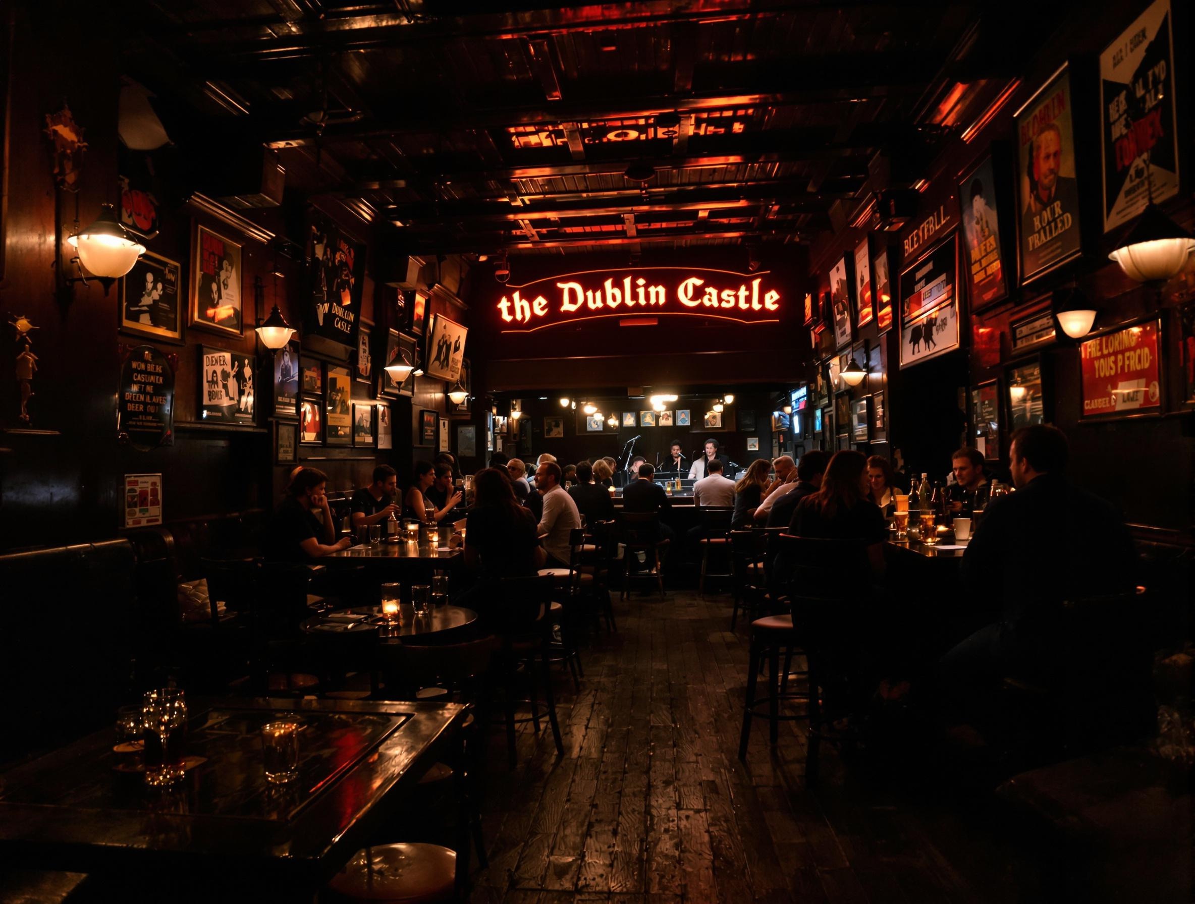Intérieur du pub Dublin Castle à Camden, affiches punk et rock sur les murs, scène basse lumière
