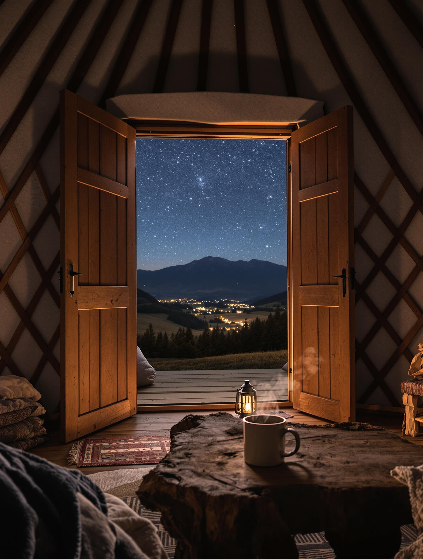 Intérieur d’une yourte mongole rustique avec vue étoilée sur Salzkammergut.