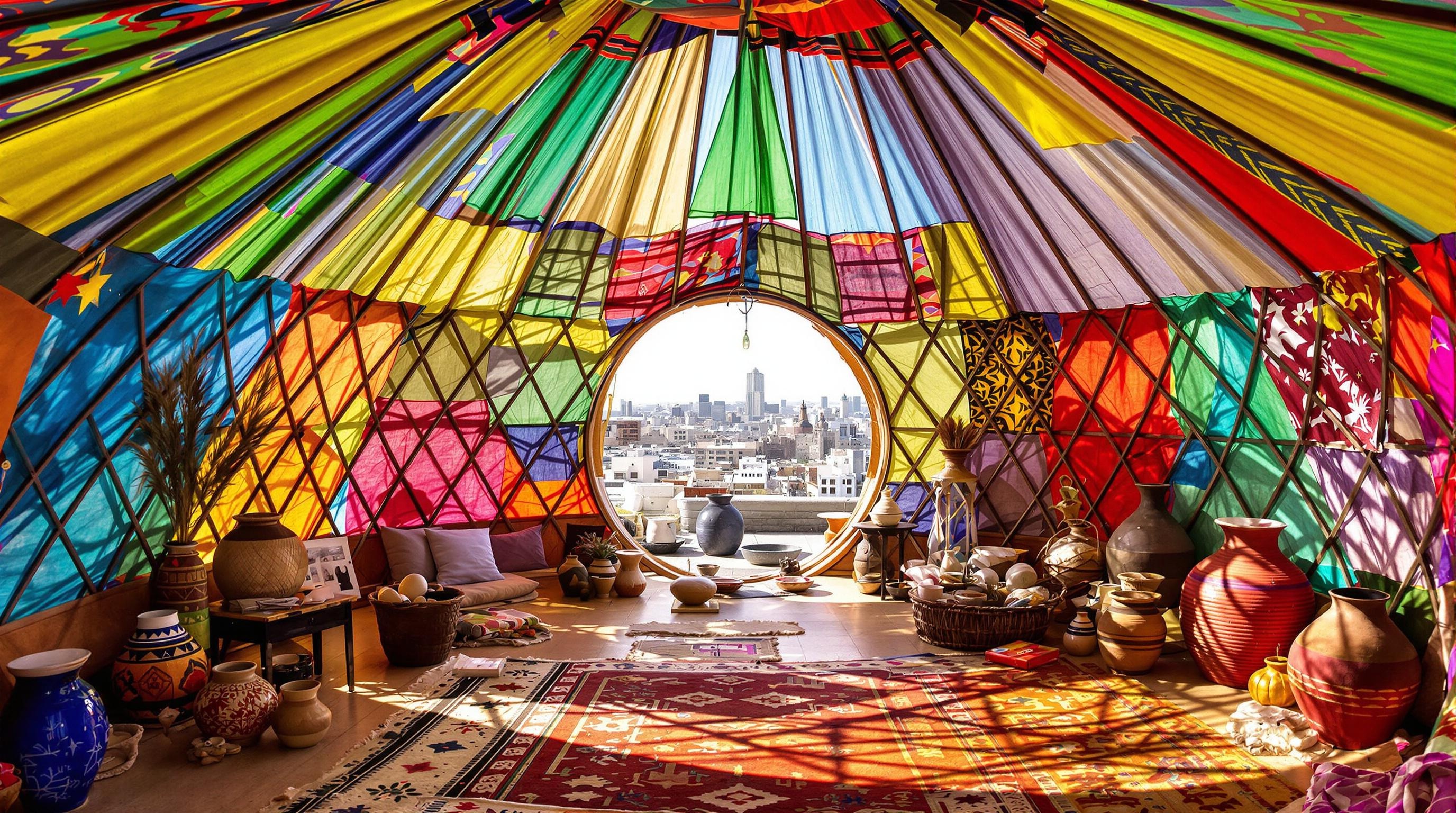 Intérieur coloré d'une yourte improvisée sur le toit d'un immeuble à Dakar