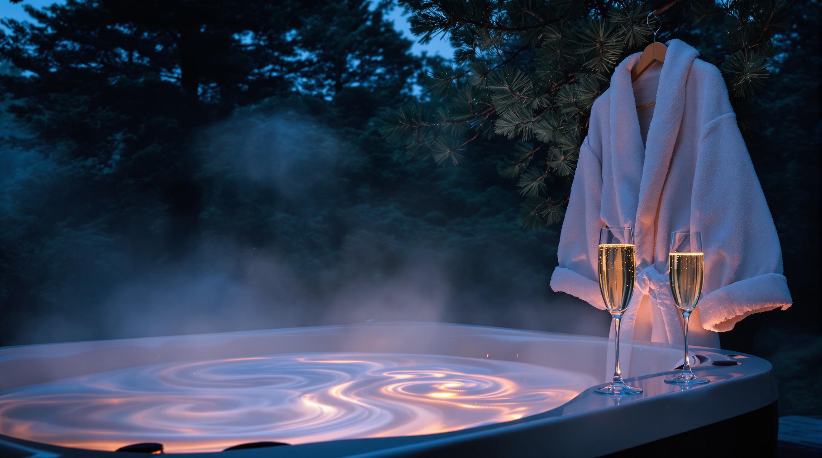 Jacuzzi fumant au crépuscule avec peignoirs