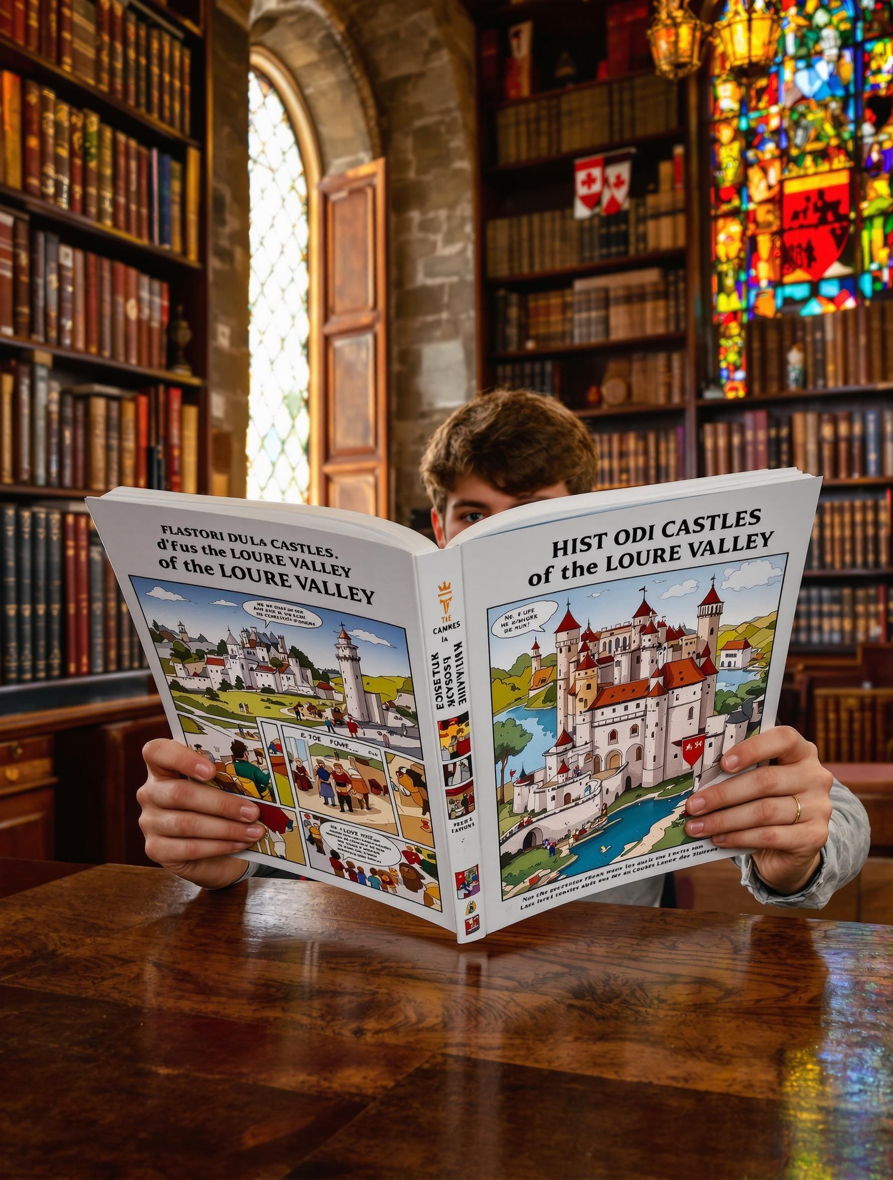 BD historique sur les châteaux de la Loire dans une bibliothèque médiévale.