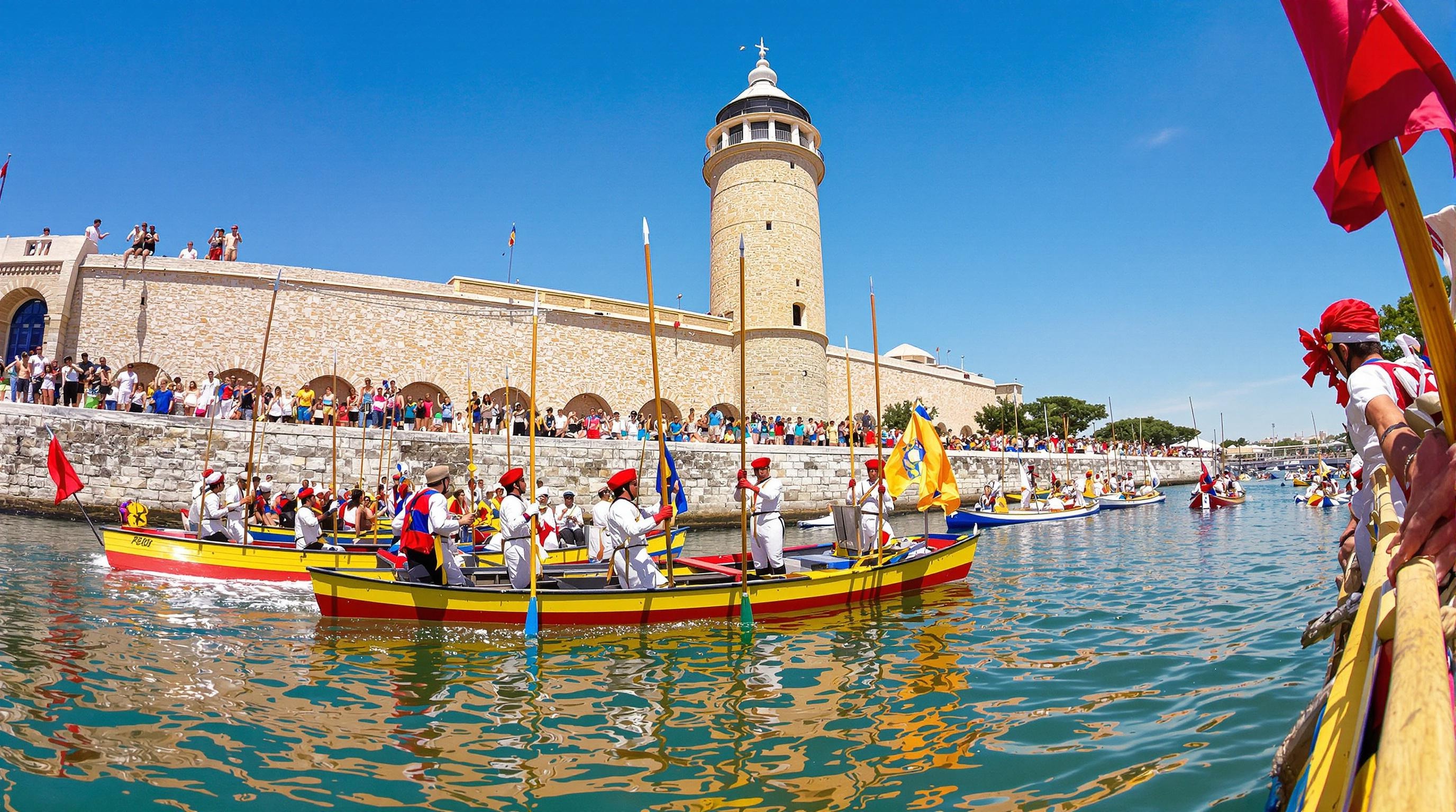 Joutes languedociennes avec barques sur le canal au Môle Saint-Louis à Sète
