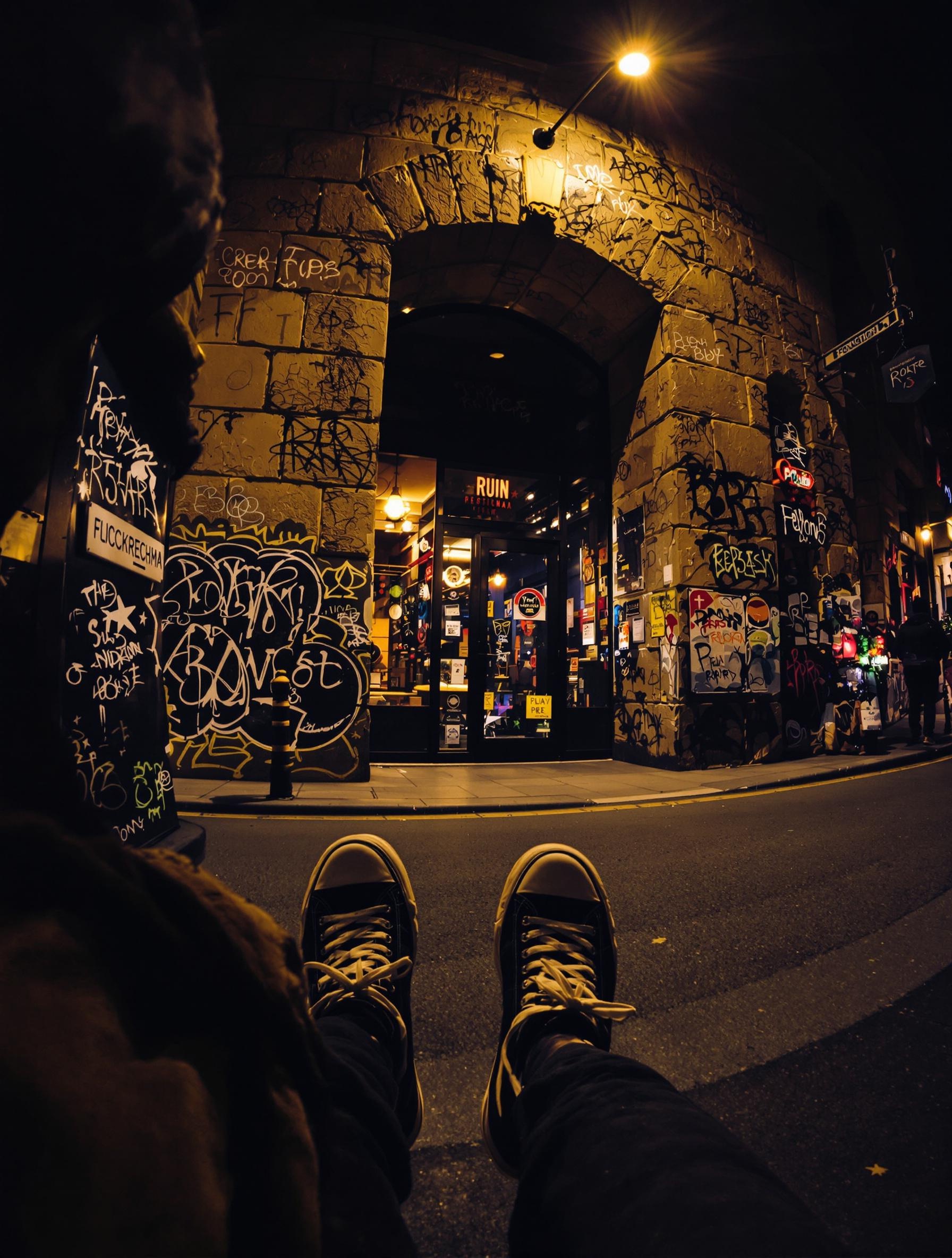 Style streetwear vintage devant l’entrée d’un ruin bar à Király, Budapest