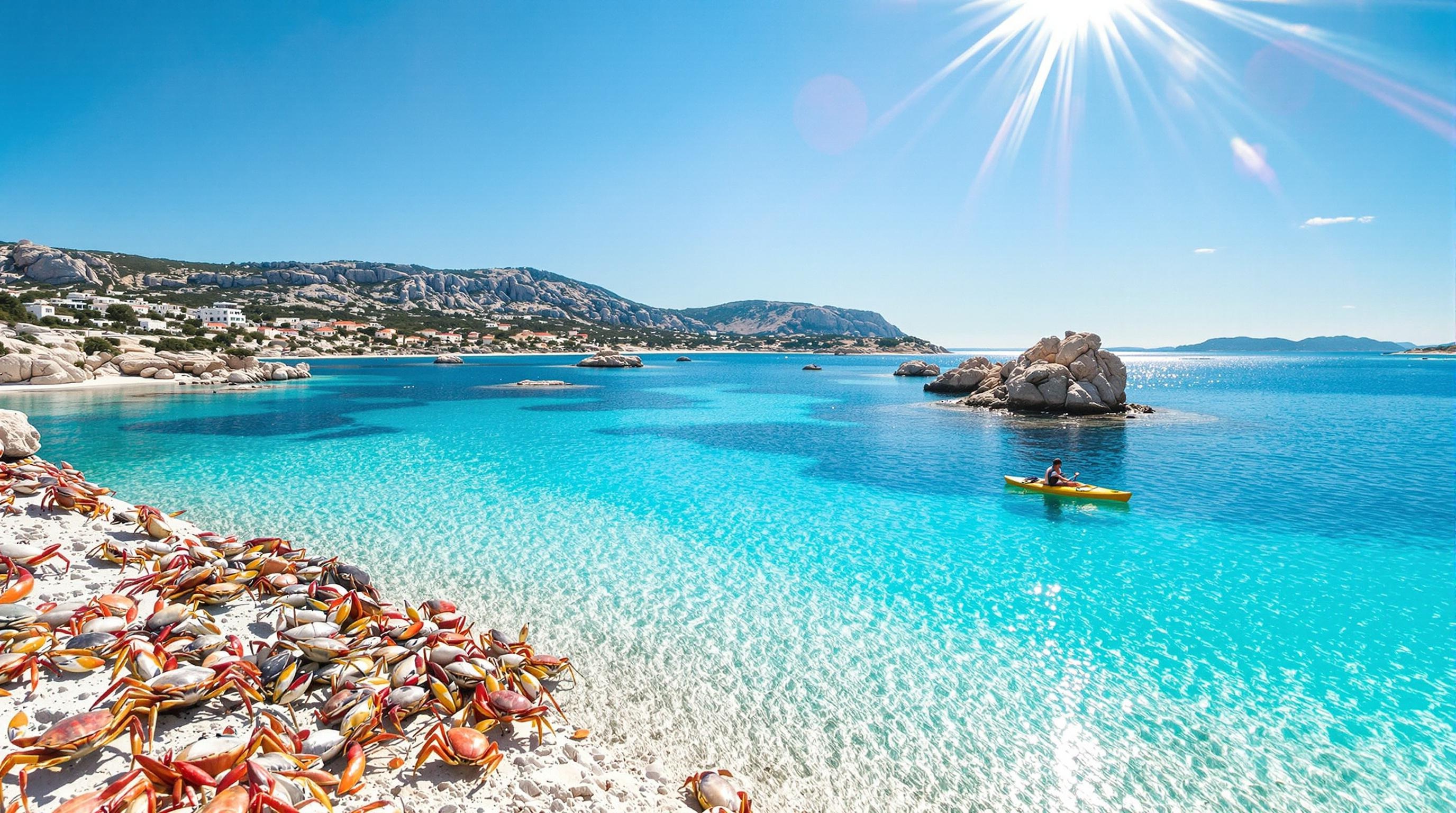 Plage de Ksamil avec eau turquoise et kayak