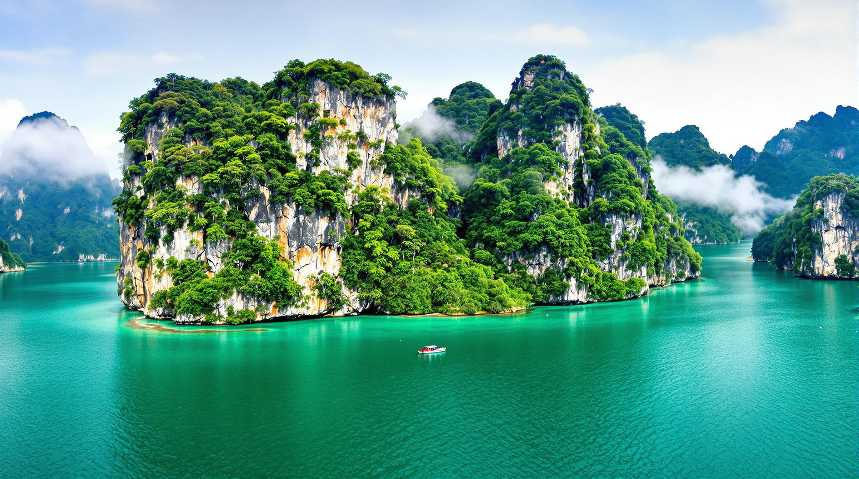 Vue panoramique du lac Cheow Lan et ses pitons karstiques