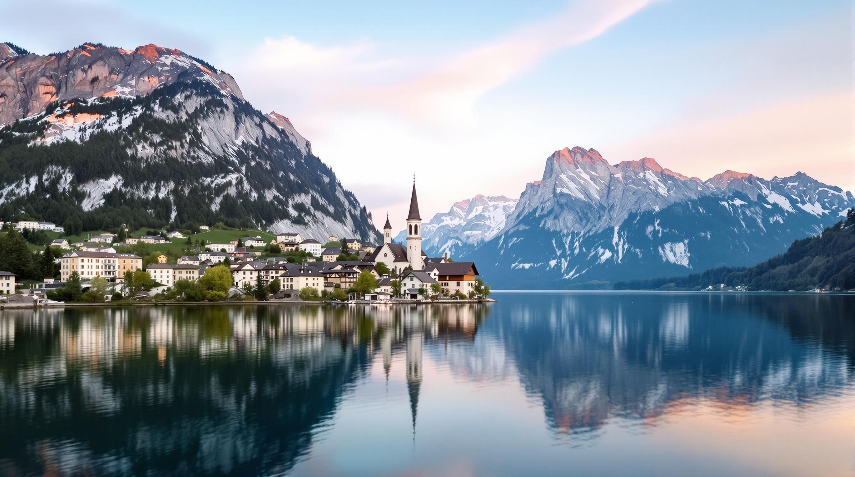 Lac de Hallstatt à l’aube, reflets roses et bleus sur eau calme.