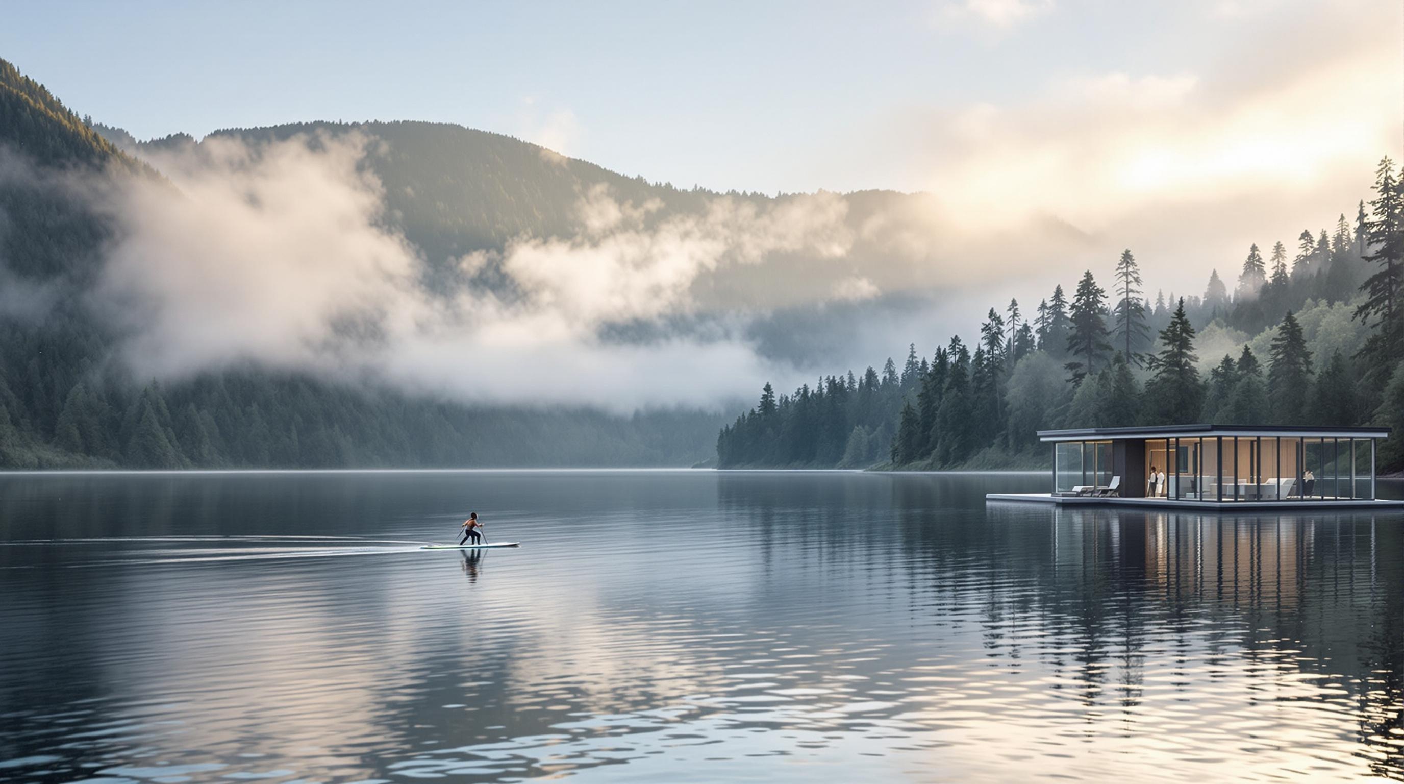 Lac Titisee avec paddle, brume et montagnes